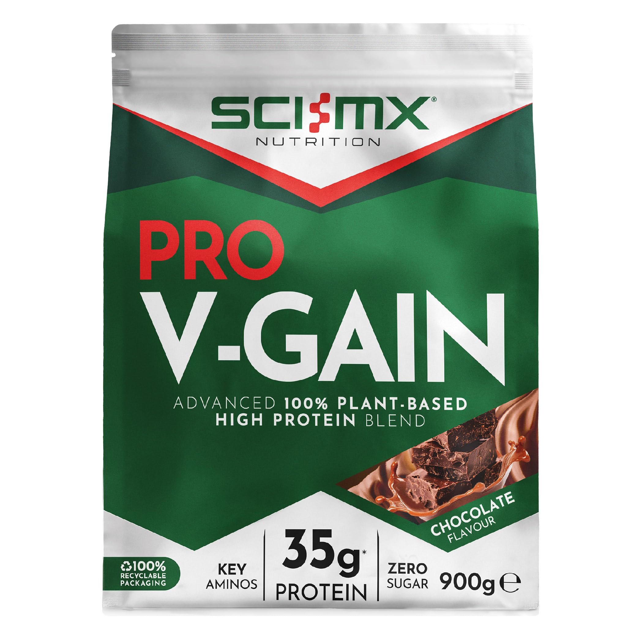 Pro-V Gain - 100% Vegan Protein Powder - Soy, Pea + Rice for Muscle Growth - Chocolate Flavour - B12 + Magnesium - Sugar Free, Non-GMO - 900g (20 Servings) 35g of Protein Per Serving