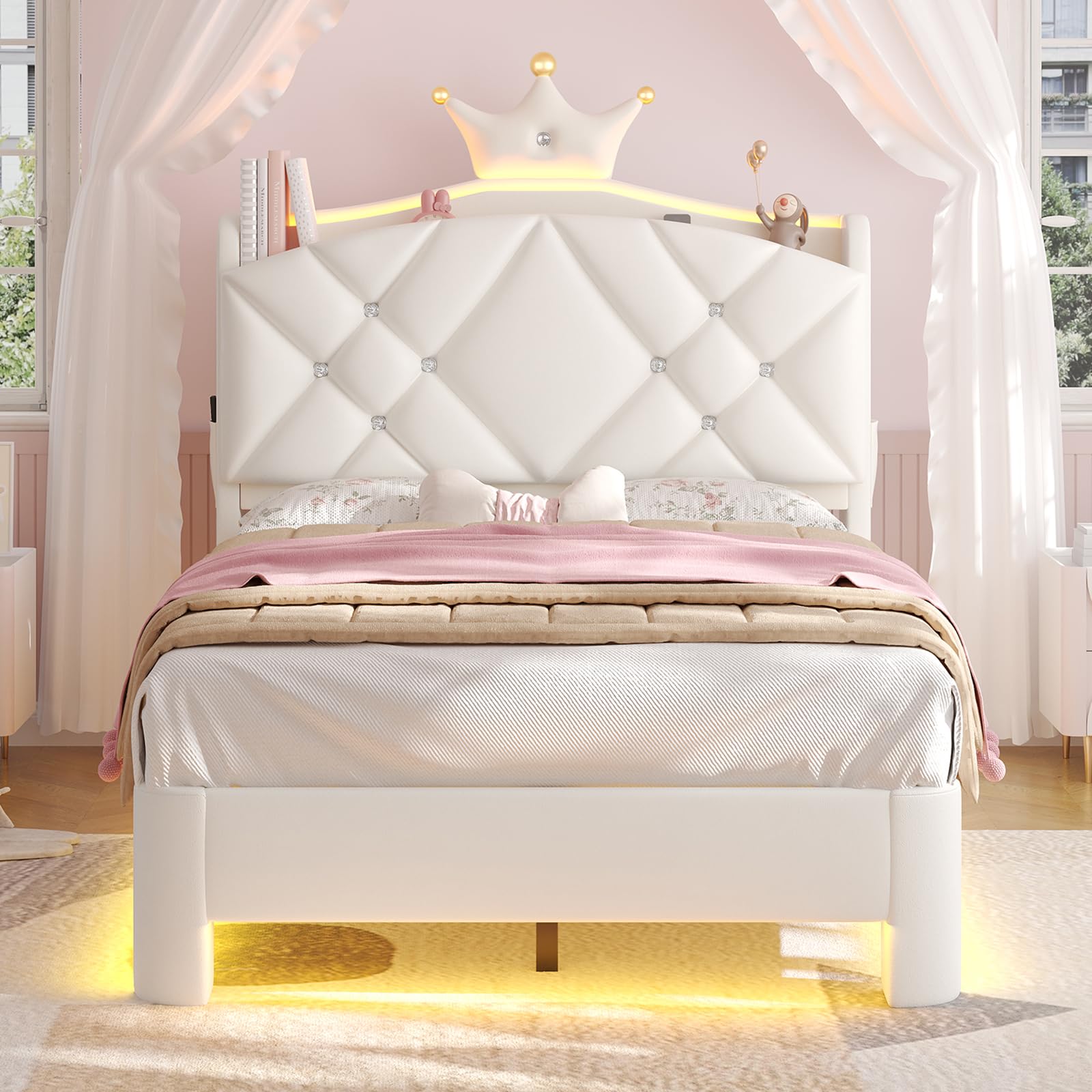 MSmask Twin Bed Frame with LED Lights, Princess Upholstered Bed with Headboard with Charging Station & Crystal Button & Crown, Velvet Platform Bed for