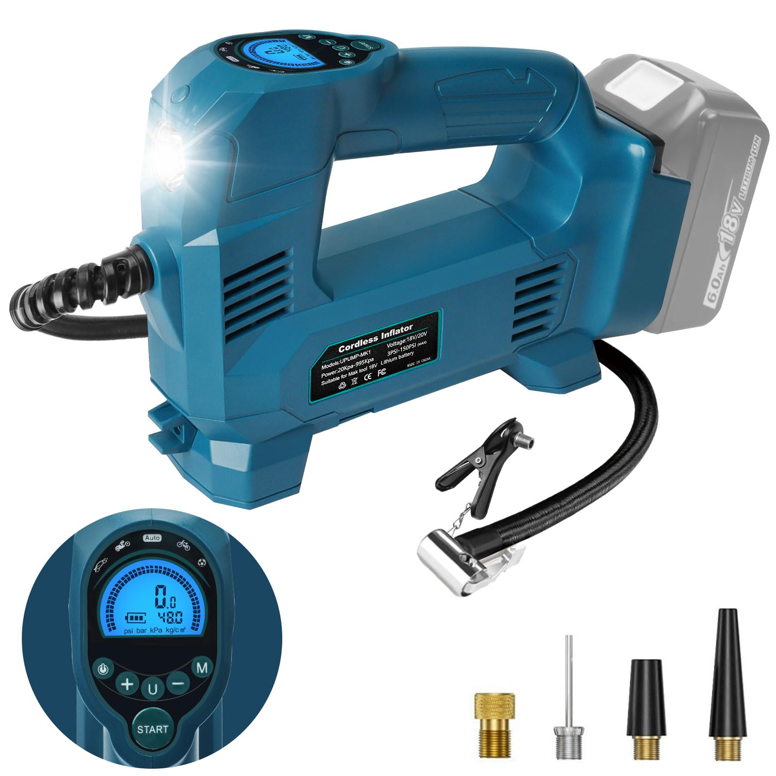 QUPERR Akku Kompressor kompatibel mit Makita 18V Akku, Elektrischer Luftkompressor bis 10,34 bar mit LED-Licht & Autostopp, Tragbare Luftpumpe für Auto, Motorrad, Fahrrad, Bälle (ohne Akku)