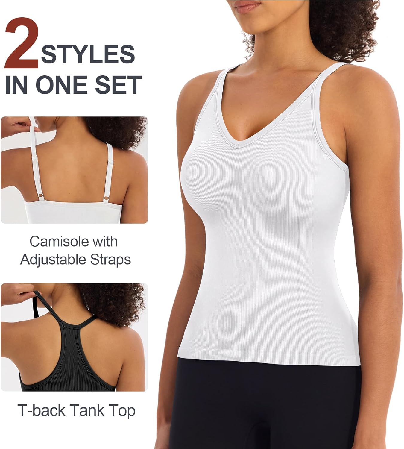 2 Pack Workout Tank Tops with Built in Bra for Women V Neck Seamless Ribbed T-Back Tank & Adjustable Strap Camisole