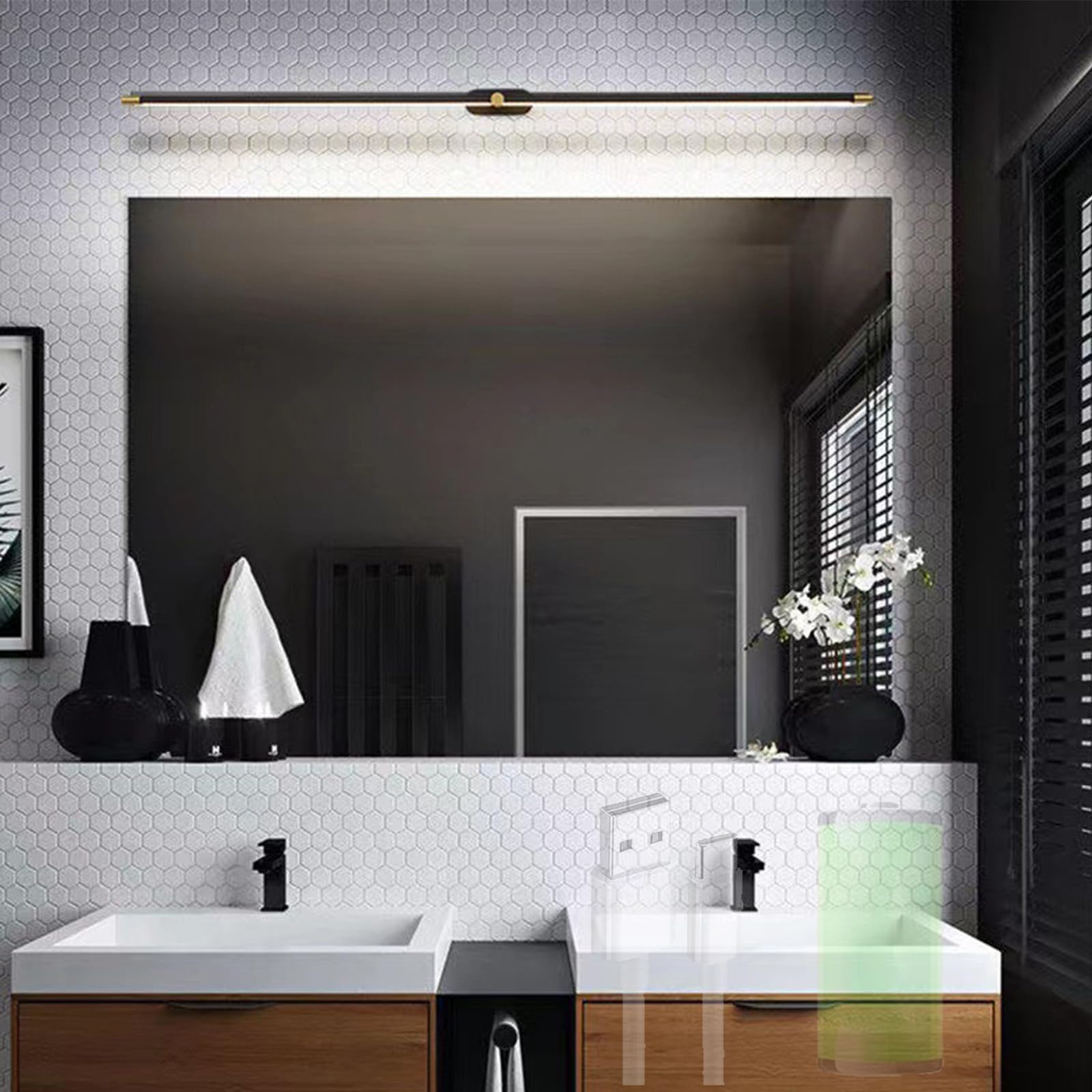 LED Rechargeable Mirror Lights Wall Lamps Battery Operated Bathroom Wall Sconce with Touch Control Modern Long Strip Wall Lights for Mirror Vanity Living Room Bedroom (Black+Gold White Light,68cm)