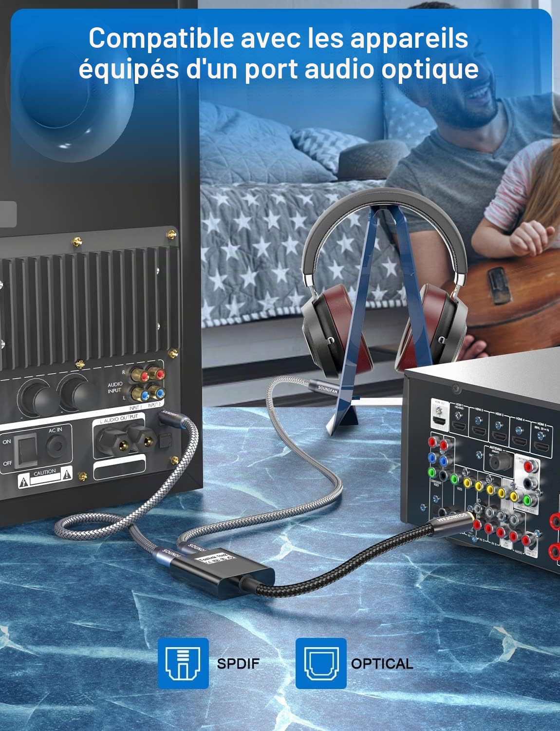 Répartiteur Fibre Optique Répartiteur Câble Optique Audio 1 Entre 2 Sorti Adaptateur Audio Numérique Toslink pour Barre, TV - Noir