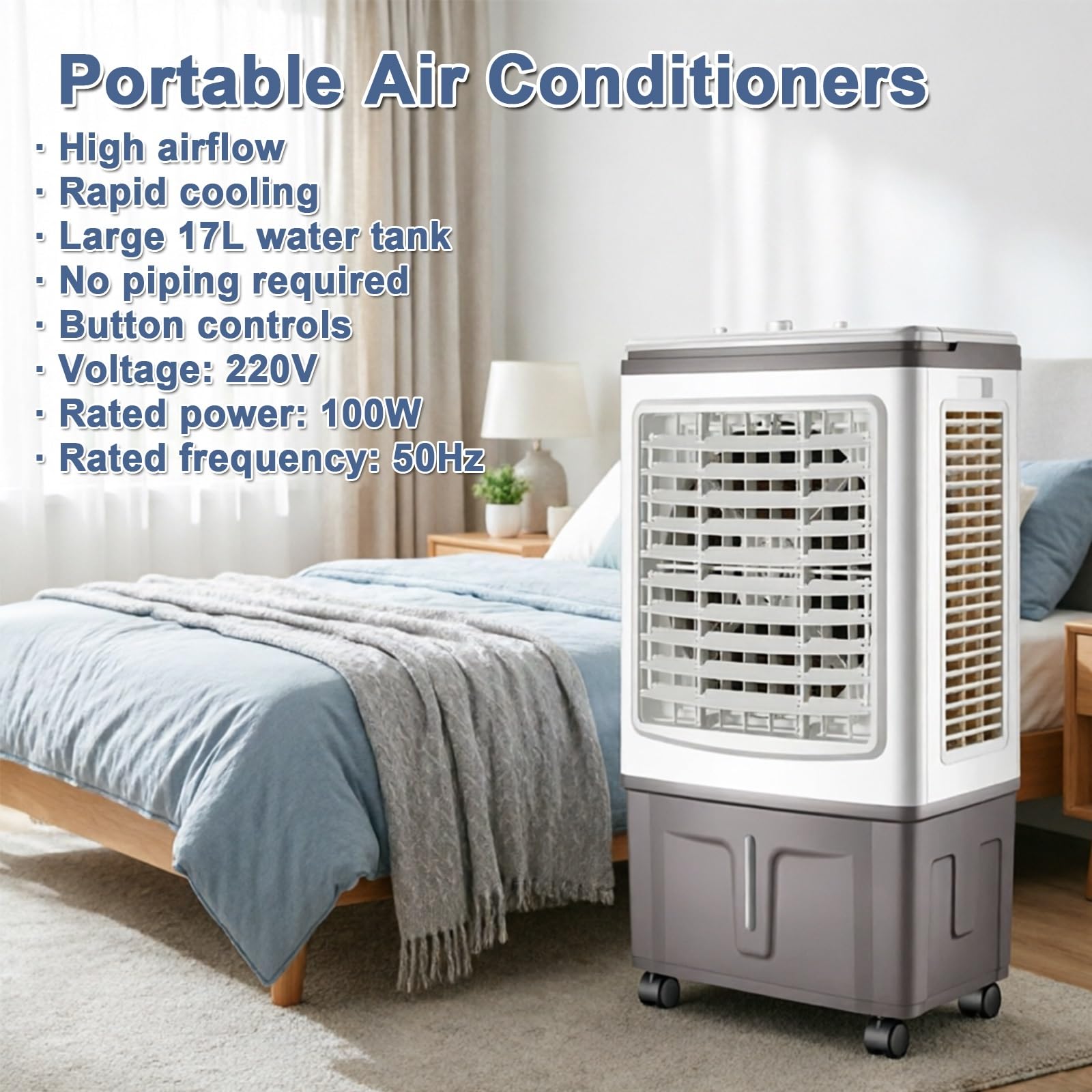 Aire Acondicionado Portátil Sin Tubo, Equipo con Oscilación 90°, Depósito 17L, 100W, 83x47x35cm, Aptado para Interiores