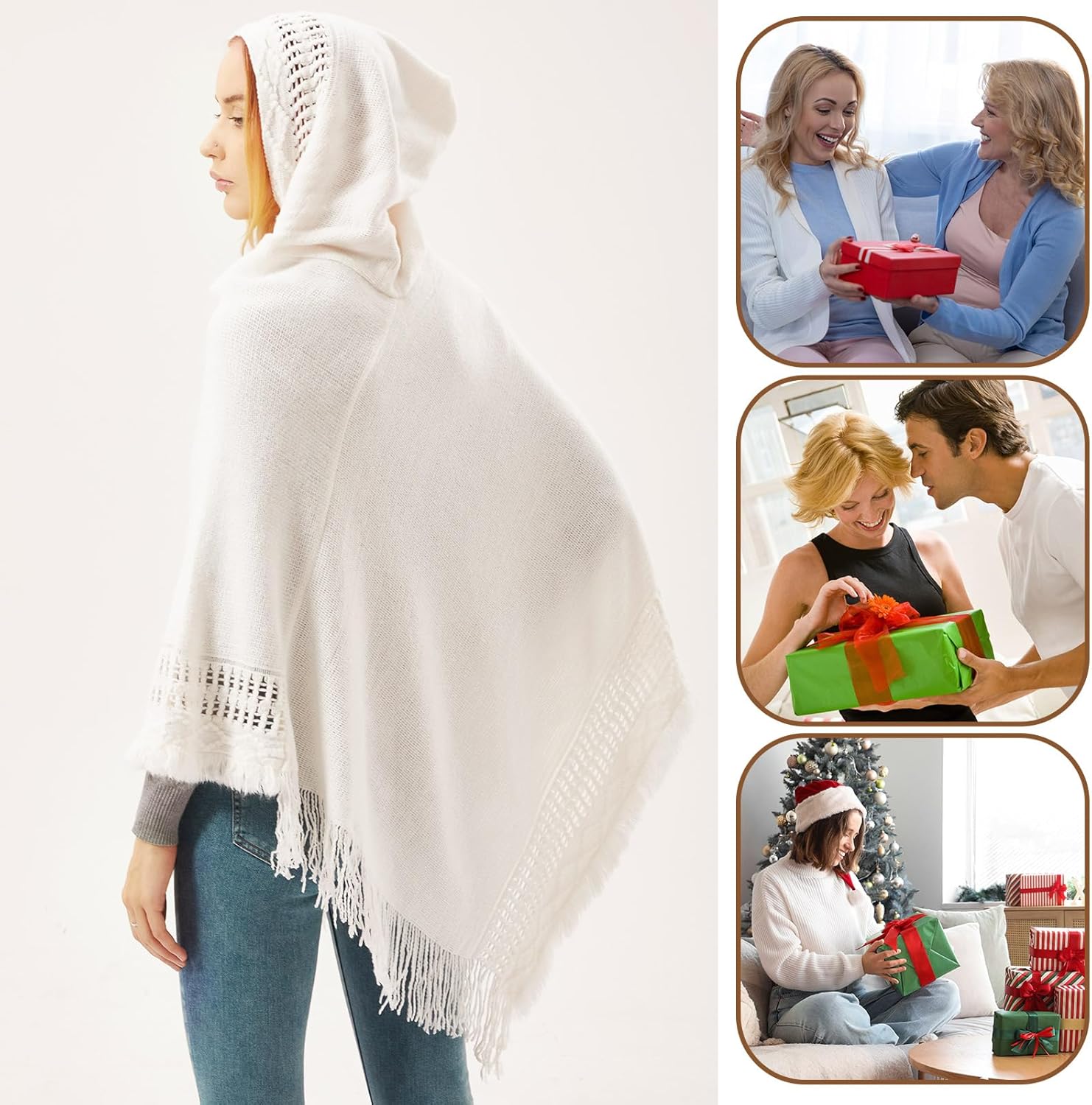 Liitrsh Shawl Poncho Sweaters for Women Knitted Hooded Cape with Fringed Hem Crochet Poncho Pullover Sweaters - Image 2