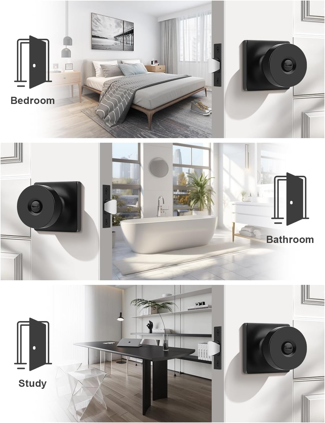 6 Pack Interior Privacy Door Knob with Lock, Matte Black Door Handle for Bathroom and Bedroom, Zinc Alloy Heavy Duty Door Knobs on Square Rose