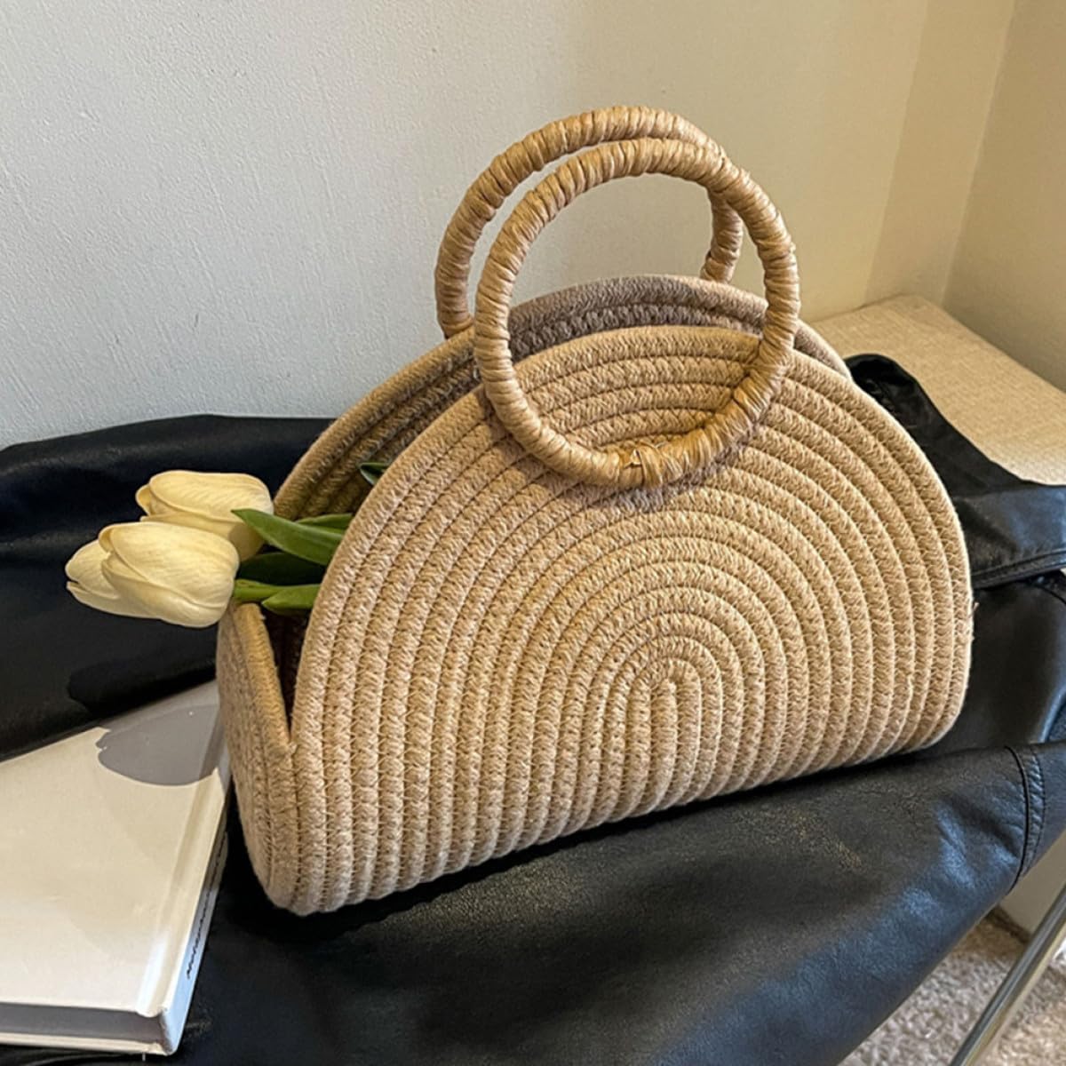 ibasenice Borsa da Spiaggia Intrecciata a Mano in Cotone Borsa Estiva Portaoggetti Grande Capacità in Corda per Feste e Vacanze al Mare