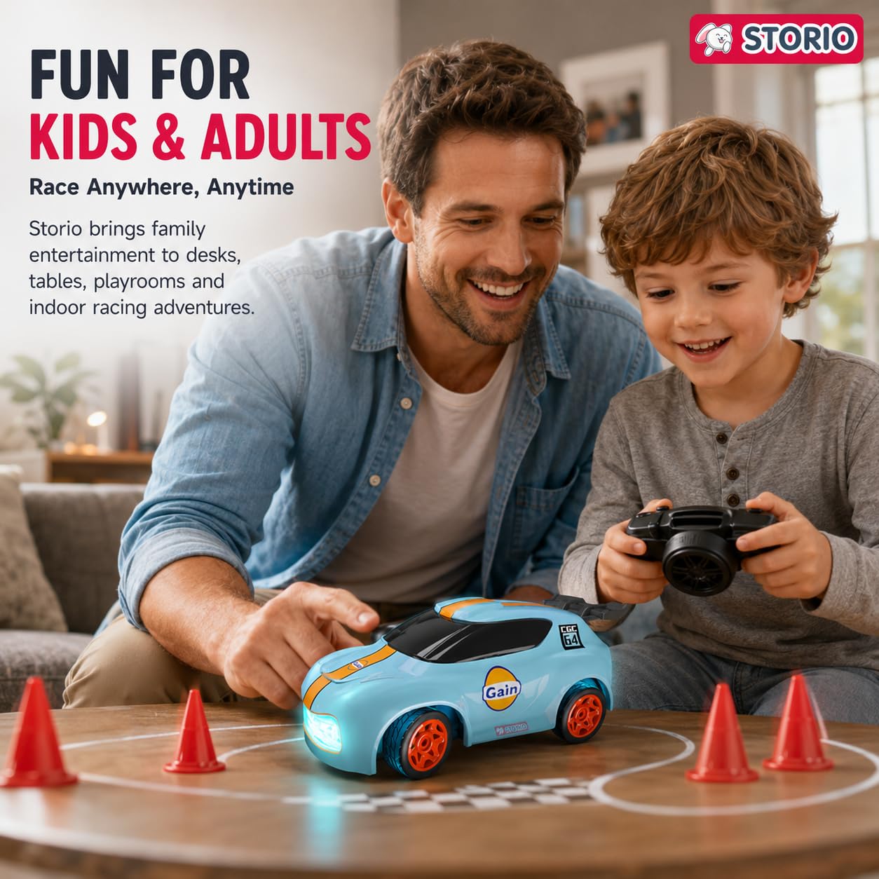 Storio Punto Mini RC Car 1:64 Scale, 2.4GHz Remote Control Car with Drift & Grip Modes, Dual Speed, LED Lights, 100m Range, Rechargeable RC Drift Car for Kids Boys Girls & Adults