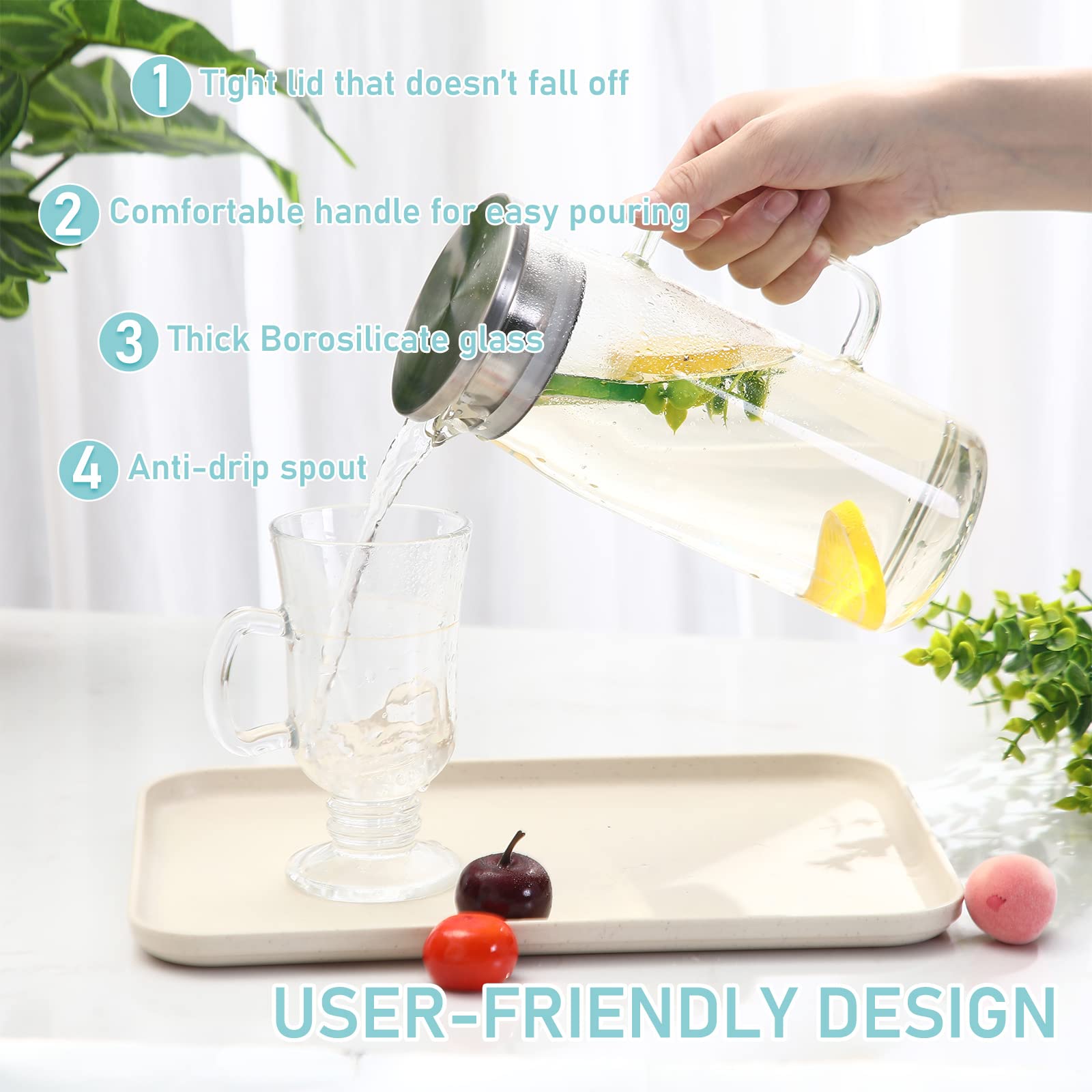 2 Pcs Glass Pitcher Water Pitcher with Lid Hot Cold Water Pitcher Bedside Water Carafe with Handle Heat Resistant Borosilicate Glass Jug for Fridge Beverage Carafe (27 oz,Stainless Steel)