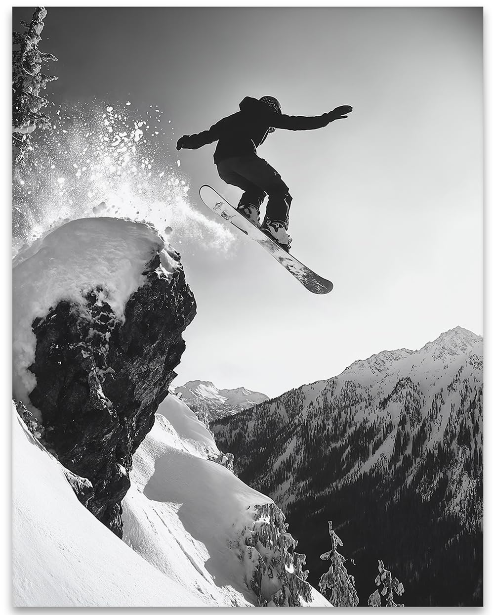 Epic Air Freestyle Snowboard Jump, 16x20 Unframed Art Print, Black White Extreme Sports Poster, Winter Mountain Adventure Wall Decor for Ski Resort or