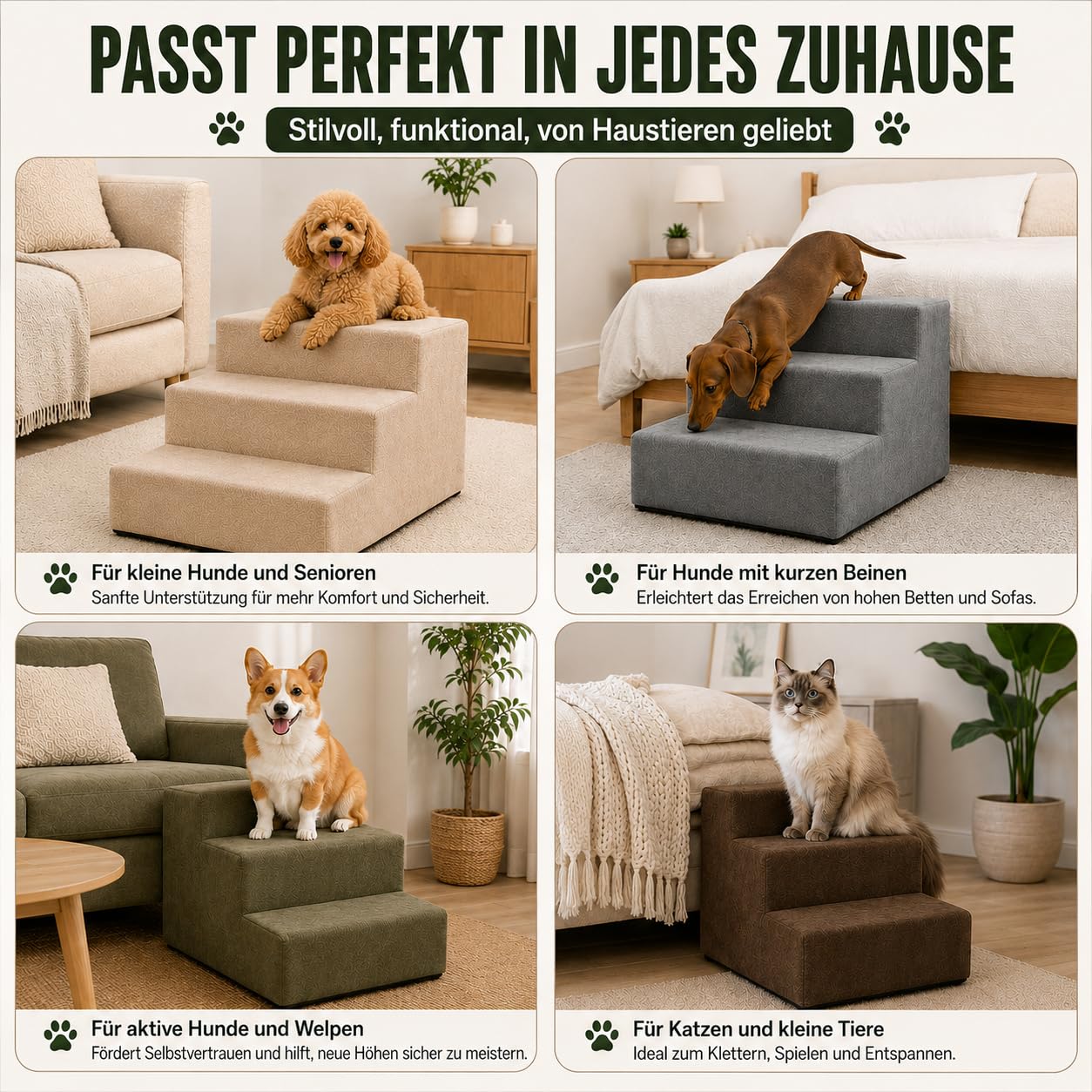 Muralo Hundetreppe 3 Stufen für Kleine Hunde, Katzen, Velvet - Flaschengrün