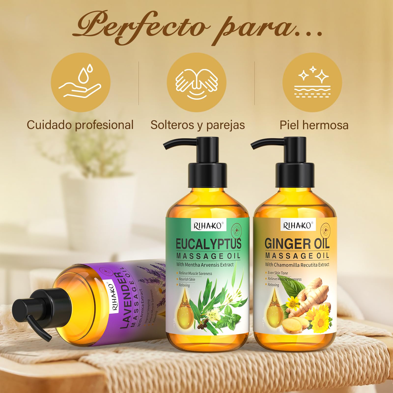 Set de aceites de masaje para terapia de masaje, drenaje linfático, aceite de jengibre, aceite de lavanda, aceites de masaje de eucalipto para músculos doloridos y bola de masaje, 3 x 100 ml