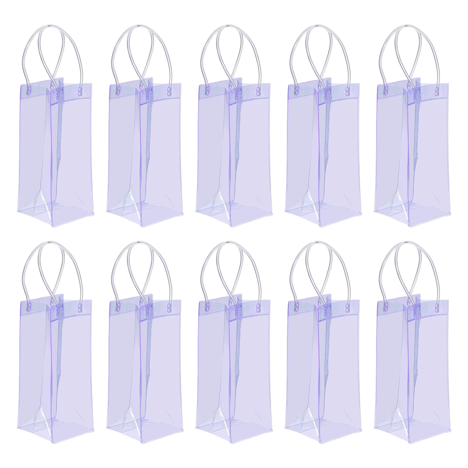 PATIKIL Ice Wine Bag, 10 Pcs Portable Collapsible Clear Wine Pouch Cooler Clear PVC Gift Bags with Handles for Champagne Party Outdoor Cold Beer Chilled Beverages, Purple