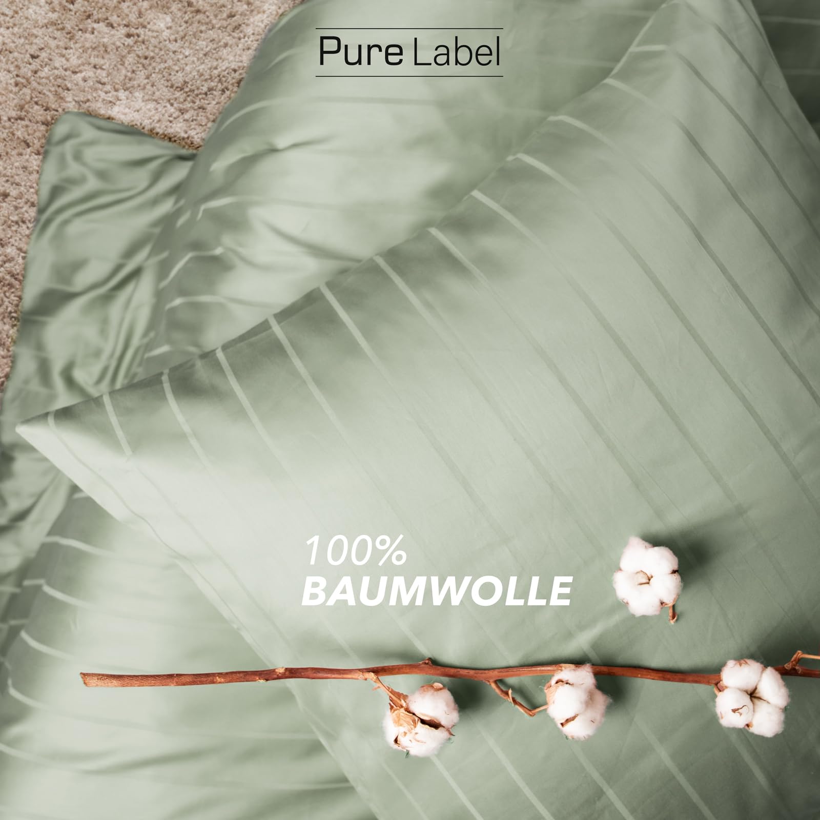Pure Label Satin Bettwäsche 155x220 40x80 gestreift grün | 100% Baumwolle & Oeko-TEX Zertifiziert - Elegante und angenehm