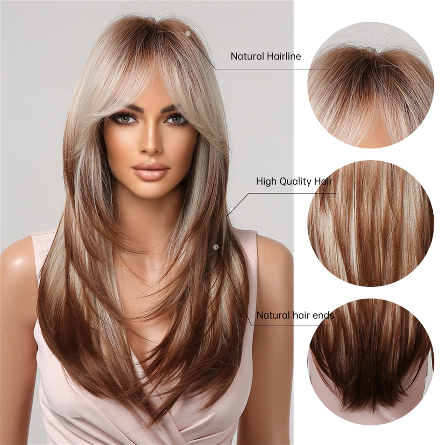 Wigs for Women Layered Synthetic Hair Wig with Highlight - Blonde with Brown Roo Amazon.com : Allbell Long Straight Wigs for Women Ombre  main image 4