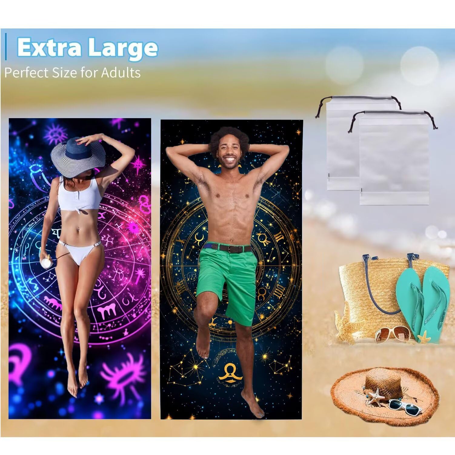 Ręcznik plażowy 90 x 200 cm, zestaw 2 dużych ręczników z mikrofibry szybkoschnący, chłonny, kompaktowy, ręcznik kąpielowy bez piasku lato koc plażowy damski do kąpieli prezent (gwiaździste niebo) H