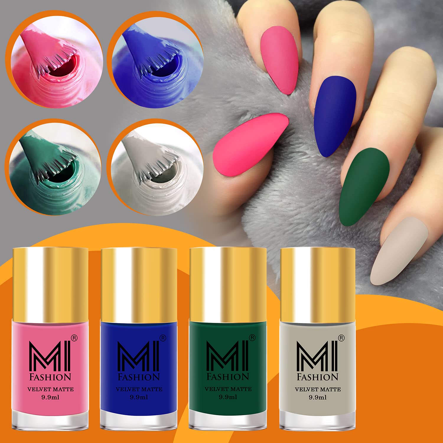 Mi Fashion Soft Smooth Unique Matte Finish Nail Polish Combo Sets Of 4 Unique Colors - Dark Pink, Denim Dark Blue, Evergreen, Satin Linen 9.9Ml Each