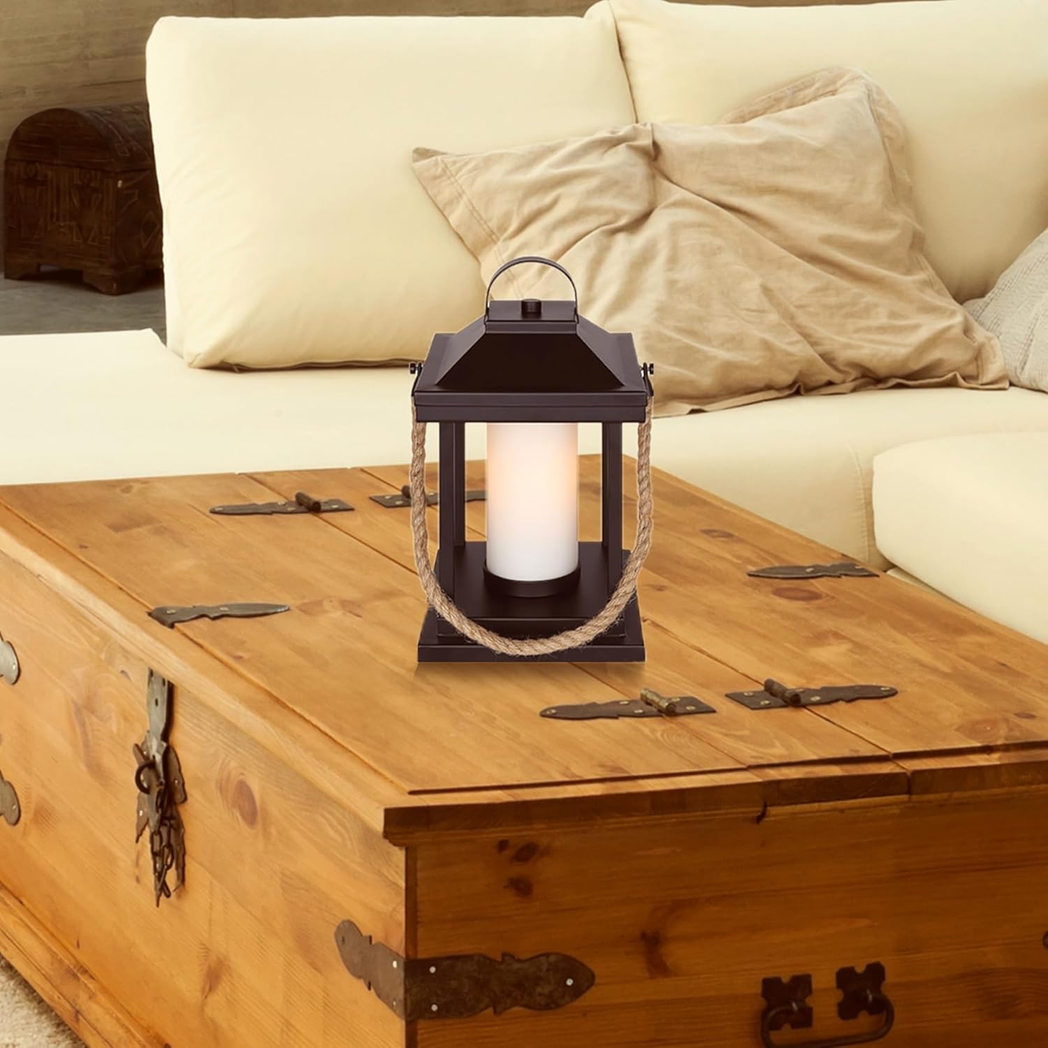 Canarm Kyler Table Lamp, Nautical Black Lantern with Rope Accent, in-Line On-Off Switch on Cord Ideal for Living Room and Bedroom