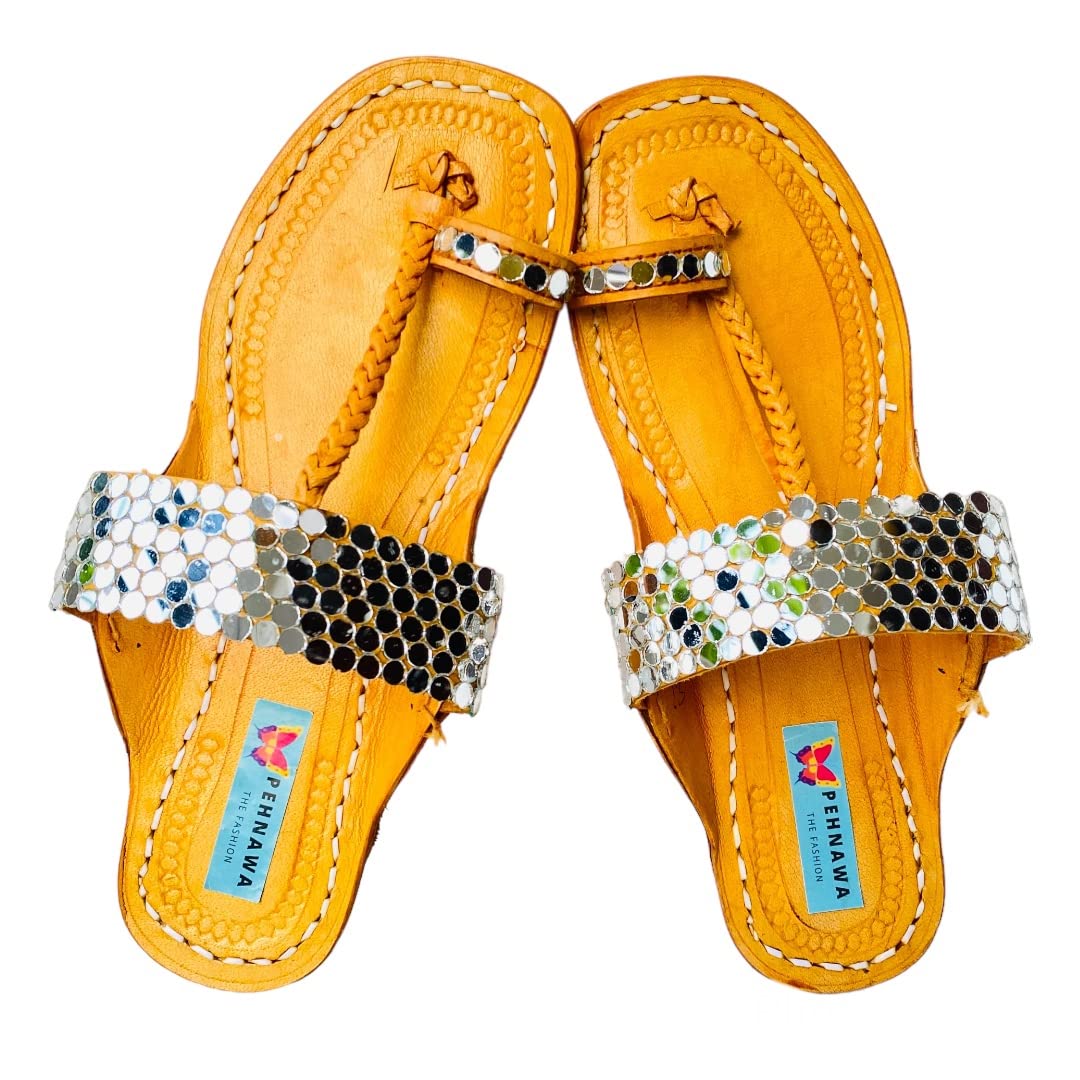 Mirror Original Kolhapuri ethnic flats for Women | Leather fancy kollapur chappal | Stylish ladies Bohemian sandal | Traditional kolapuri footwear | colapuri for girls | Silver color-image-34