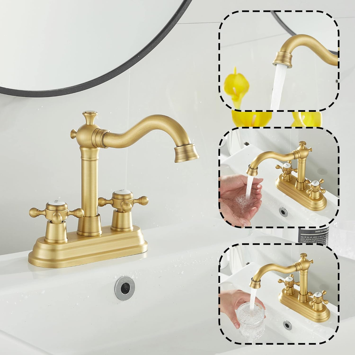 GGStudy Bathroom Faucet Antique Brass 2 Handles 4 Inches Centerset Bathroom Vanity with Drain Assembly and Supply Hose Lavatory Faucet
