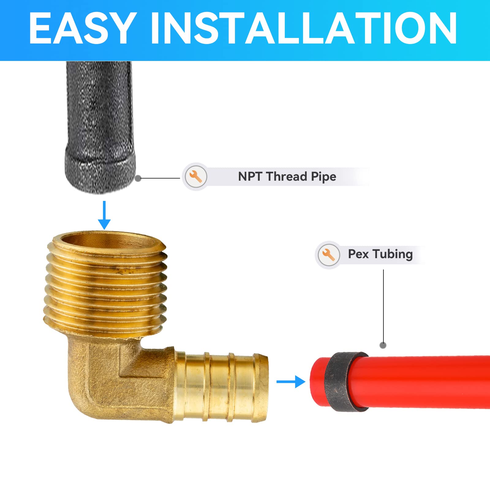 Paquete de 10 accesorios PEX, Pex 1/2 x 3/4 pulgadas macho roscado NPT codo de latón engarzado, codo macho PEX F1807 de 1/2 pulgada para tuberías Pex en trabajos de fontanería