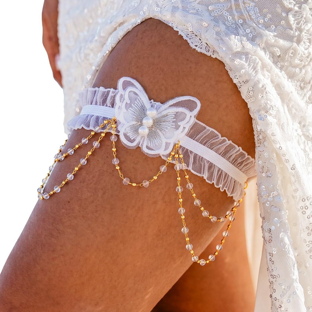 White Lace Garter Set Butterfly Wedding Garters Bridal Tassel Garter for Women