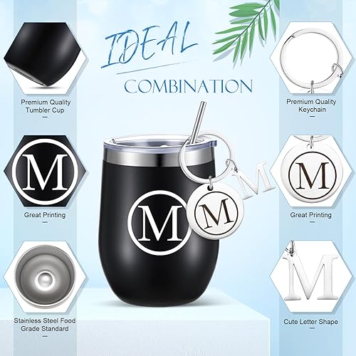 Vista 35 de Dandat Vaso de vino personalizado de Navidad con llavero, taza de viaje de acero inoxidable negra de 12 onzas con tapa y popote para empleados