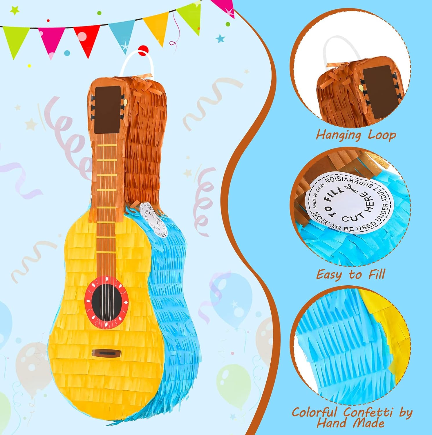 Sratte Guitar Pinata Bundle with a Blindfold and Bat, Kids Guitar Musical Fiesta Pinata for Boys Girls Adults Birthday Parties, Music Party Favors, Carnival and Related Events, 16 x 7 x 3 Inches