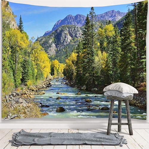 Miniatura 9 de YISURE Tapiz de bosque de montaña natural paisaje escénico de cascada paisaje de pino verde tapiz para colgar en la pared para la oficina en casa