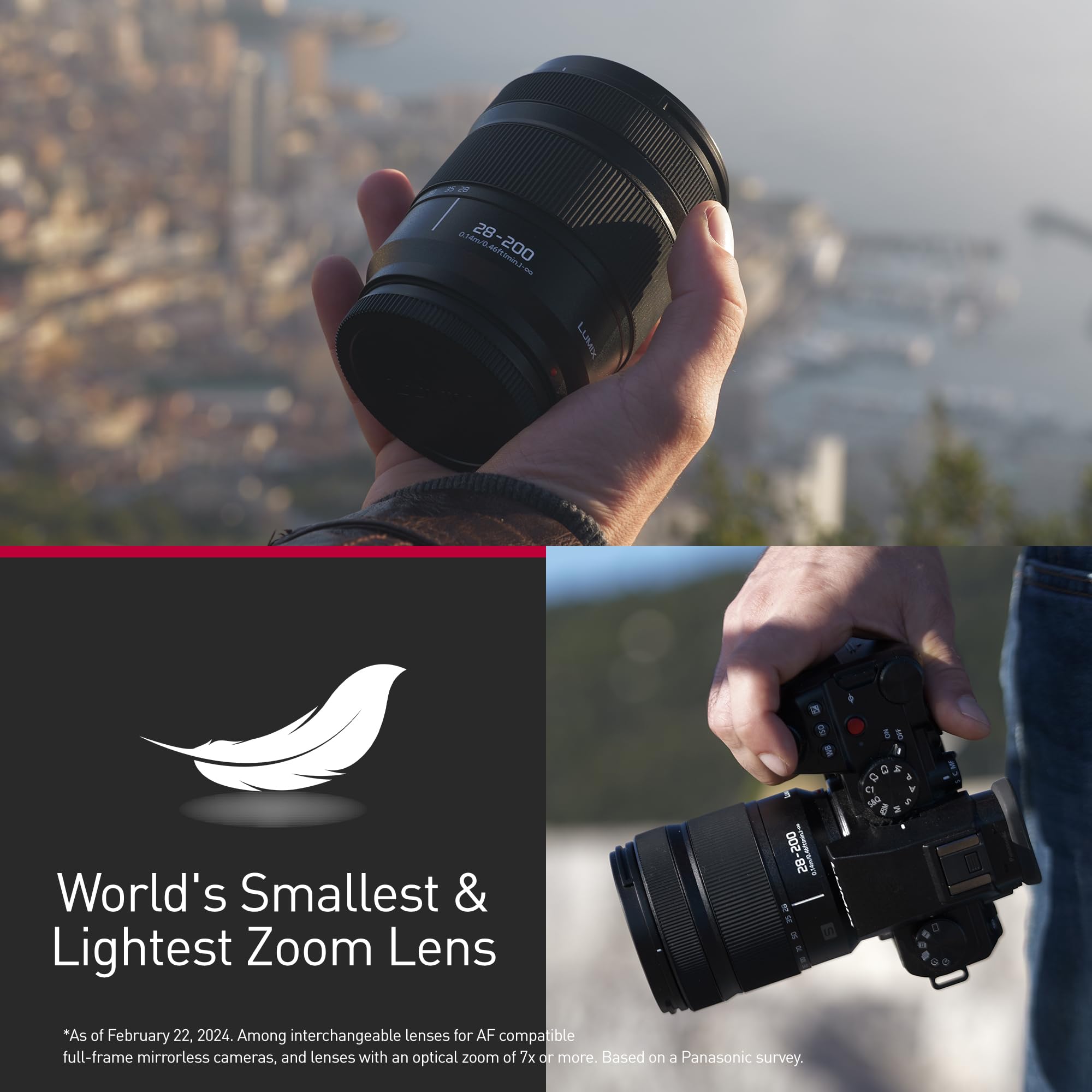 Panasonic LUMIX S-R28200E 28-200mm F4-7.1 Zoomobjektiv, Optical I.S., 0,5X Makro, wetterfest, L-Mount Vollformat (kompakt 413g, Weitwinkel bis Tele)