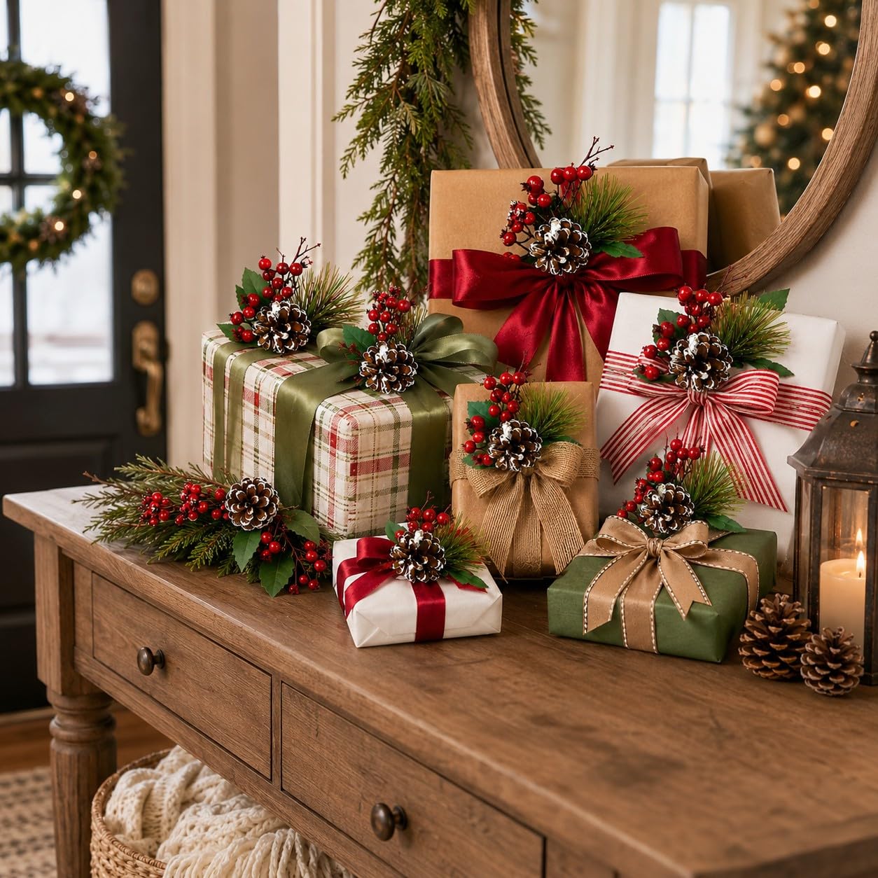 BANBERRY DESIGNS Pine Branches and Red Berry Picks - Set of 10 Stems with White Snow Covered Pine Cones and Berries - Christmas Artificial Floral Sprays Sprigs - Approx.