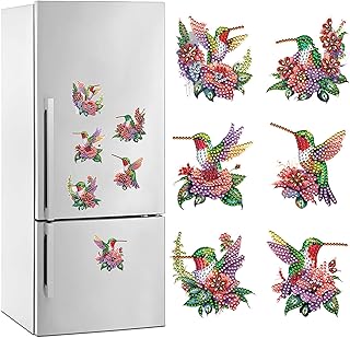 6 Pcs Diamond Art Painting Art Fridge Magnets - Flower & Green Hummingbird Design for Home Decor DIY Diamond Art Painting Art Painting Craft Kits for Adults&Beginners