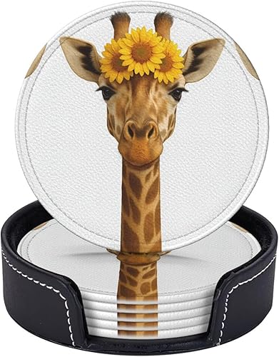 Miniatura 5 de Drink Coasters Set of 6, Sunflowers and Giraffe Printed PU Leather Round Coaster with Holder for Outdoor, Office, Bar, Funny Heat-Resistant Home