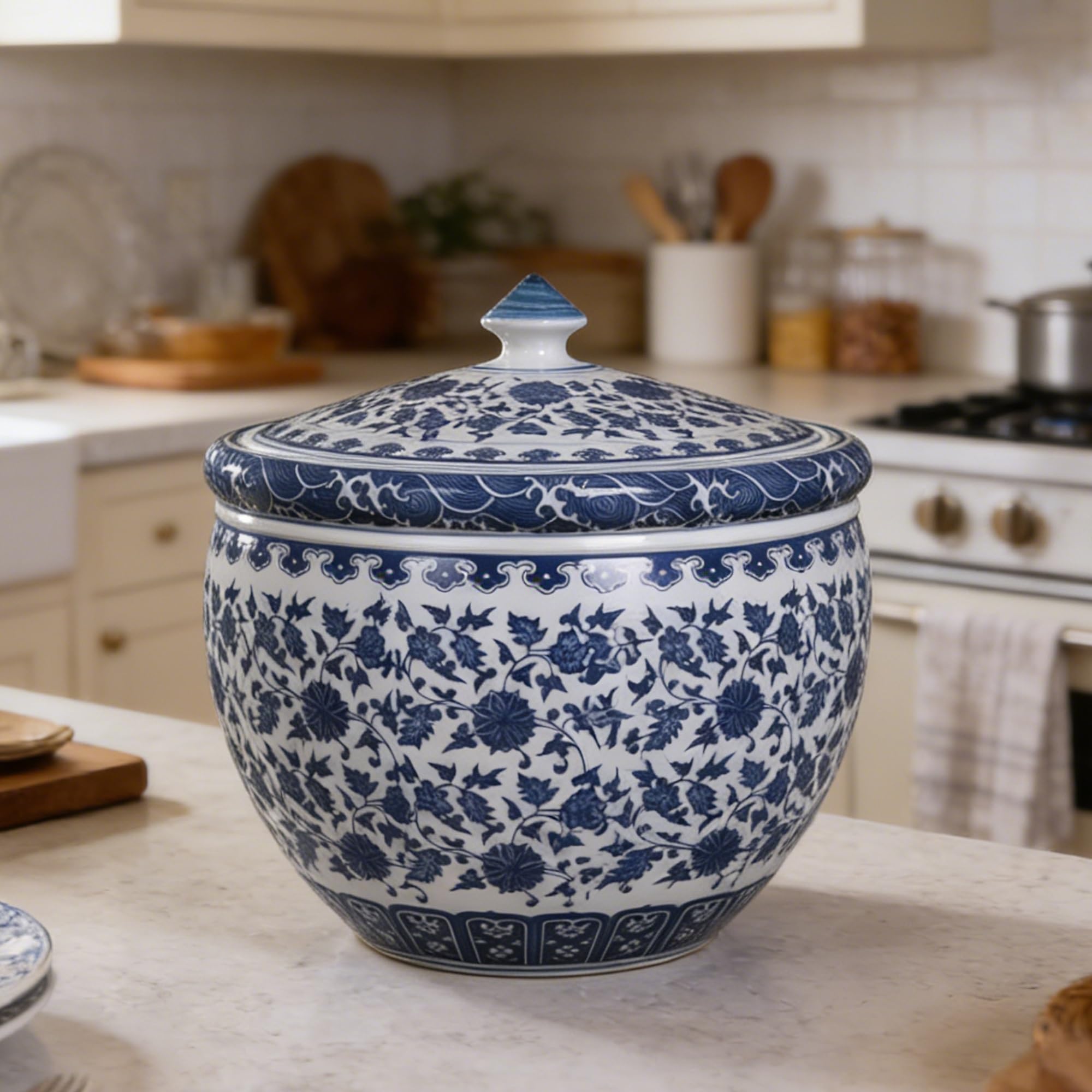 MMleYN 5/10KG Ceramic Rice Bucket With Lid Airtight Grain Dispenser Multi-Purpose Storage Container For Rice Coffee Nuts Snacks Tea Kitchen(E,5kg)