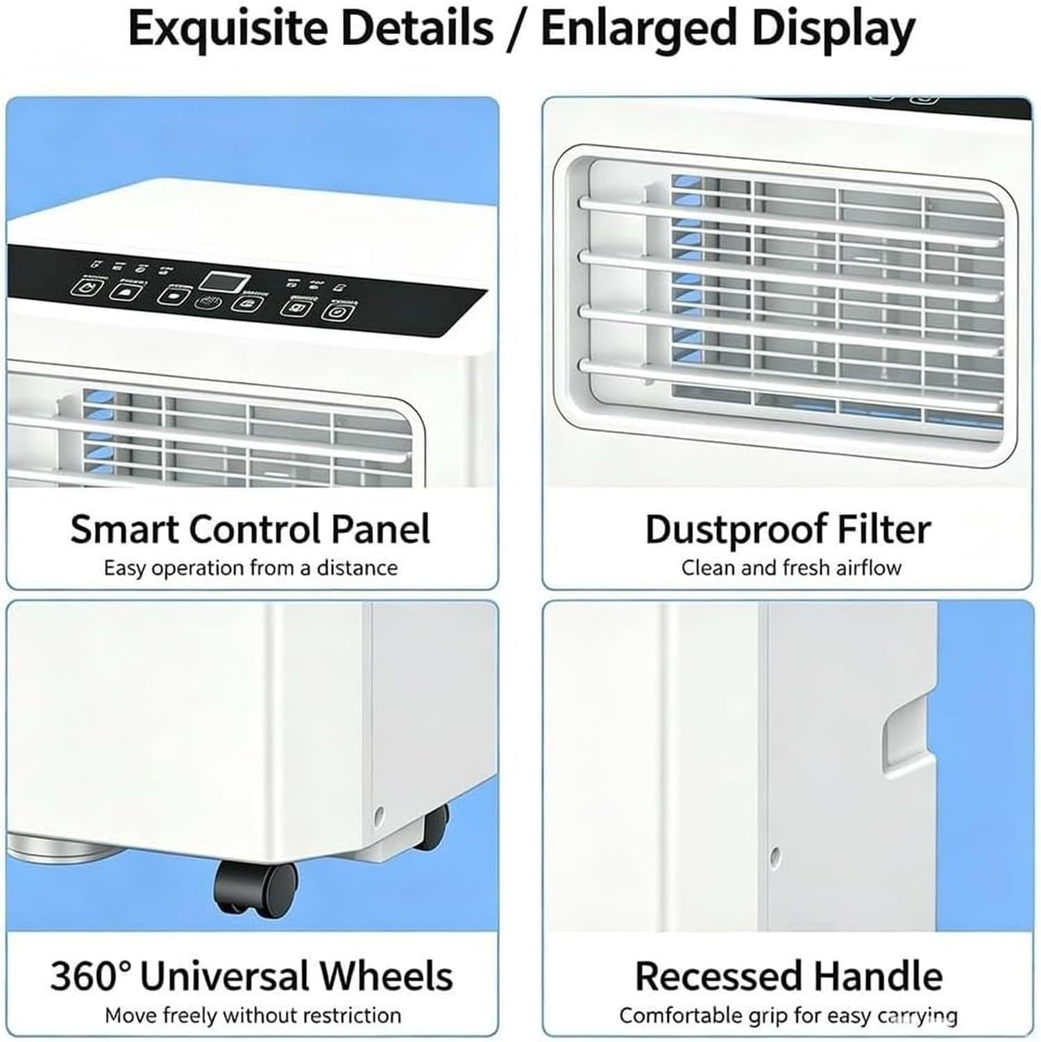 Aire Acondicionado Portátil 4 en 1 con Inversor, Frío Calor Deshumidificador Ventilador, Panel de Control Inteligente, Filtro de Polvo y Ruedas Giratorias para, Q1