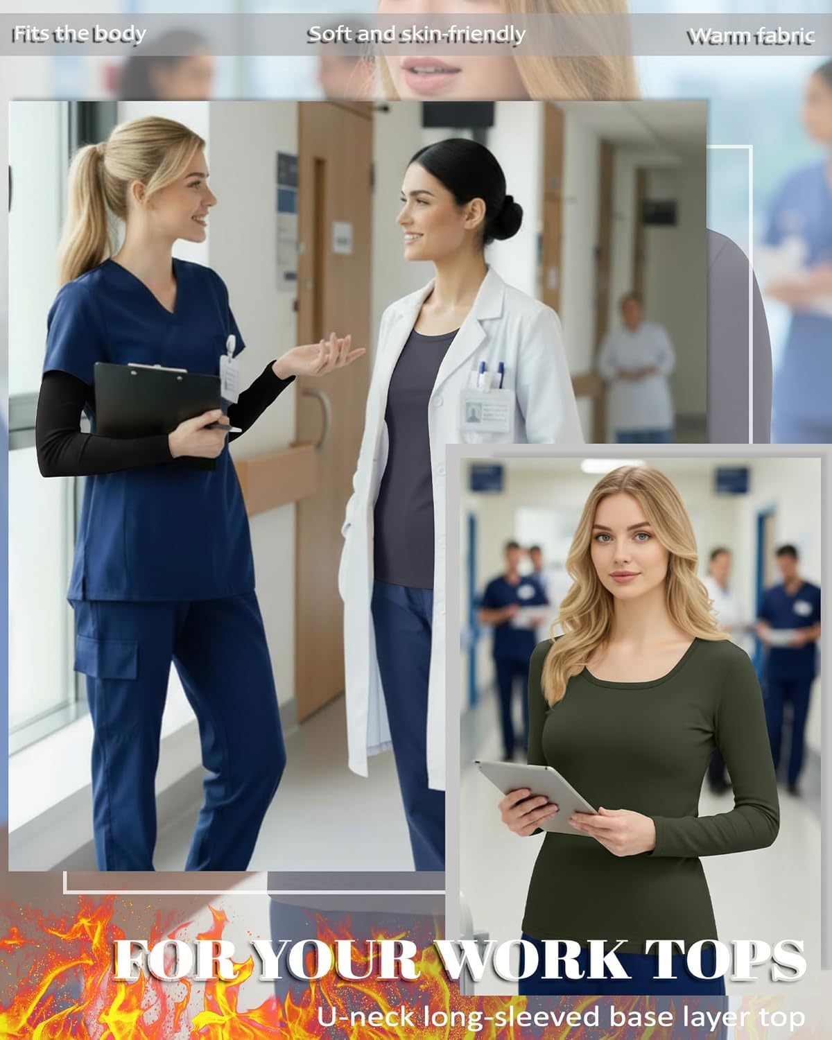 3 Pack Women's Underscrub Shirts Long Sleeve Thermal Scrub Undershirts Nurse Fleece Scoop Neck Slim Fit Layering Top - Image 3