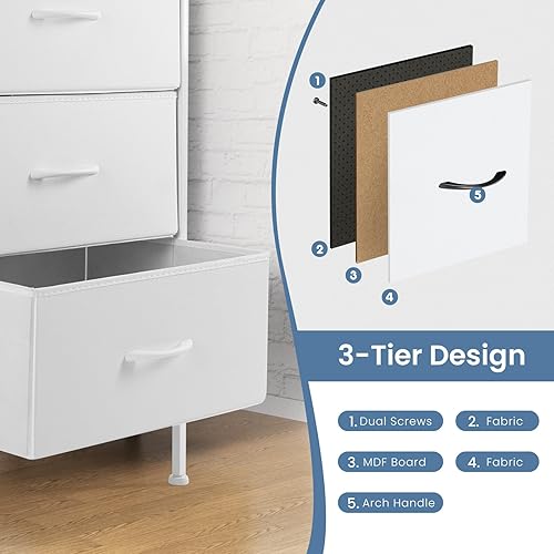 Vista 142 de DUMOS Cómoda para dormitorio, 4 cajones, organizador de cofres altos de tela, muebles de torre con marco de metal superior de madera para sala