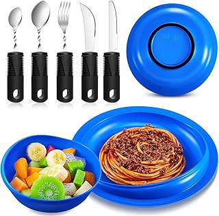 Maxcheck 2 Sets Adaptive Utensils for Elderly Bowl and Plate Spill Proof Non Slip Base Bendable Cutlery Knife Fork Spoons Self Feeding Dinnerware for Elderly Disabled People Hand Tremors Parkinson