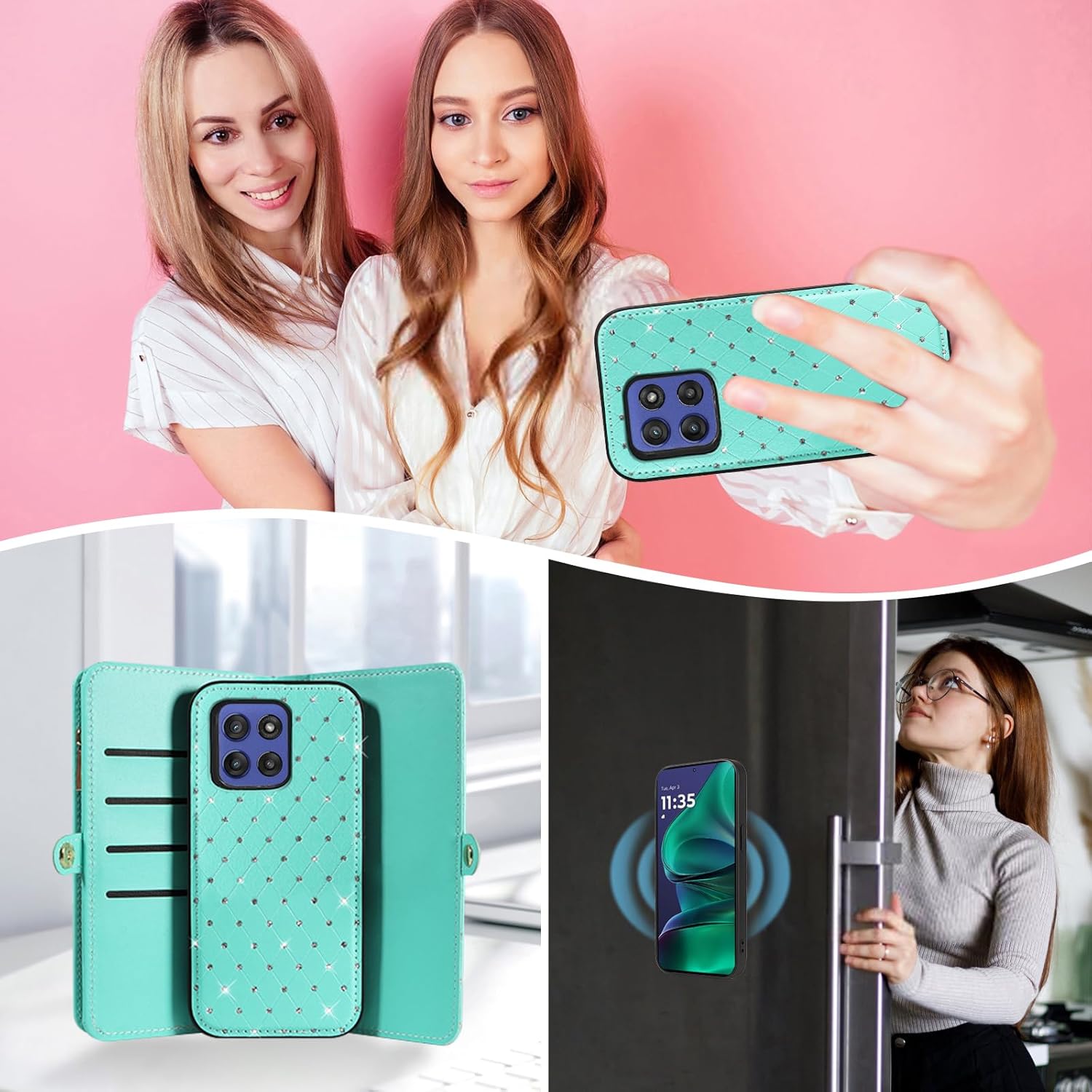Asuwish Phone Case for Motorola Moto G Stylus 5G 2025 Zipper Detachable Wallet Cell Cover with Screen Protector Bling Crossbody Lanyard Strap Glitter Flip Card Holder Slot G5 Women Men Girls Green