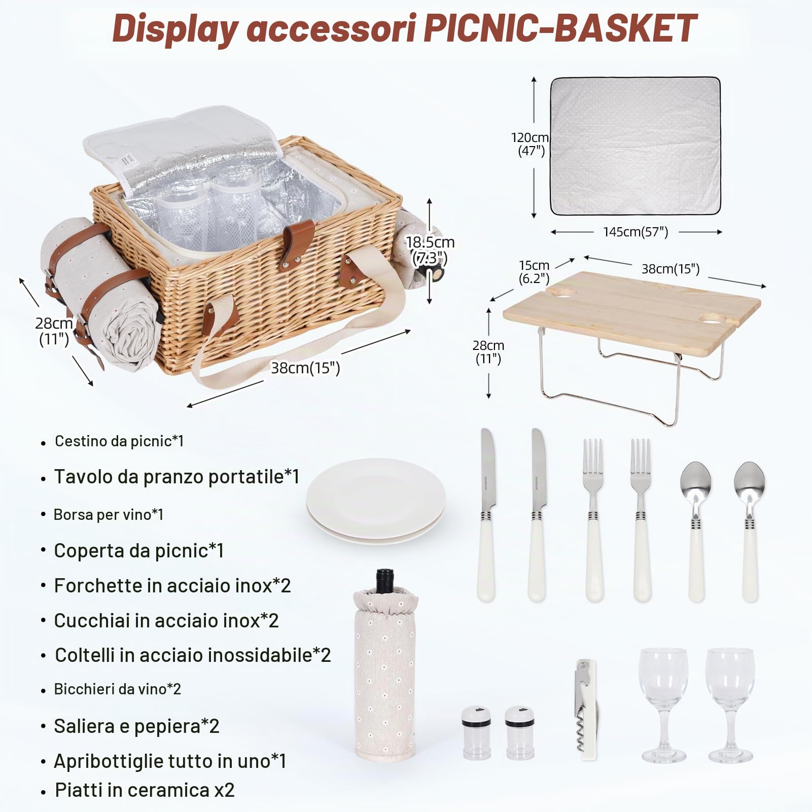 Set cestino da picnic con mini tavolo pieghevole e set di posate, cestino da picnic per 2 persone con borse termiche, cestino intrecciato con manico, cestino da picnic in vimini set regalo per picnic