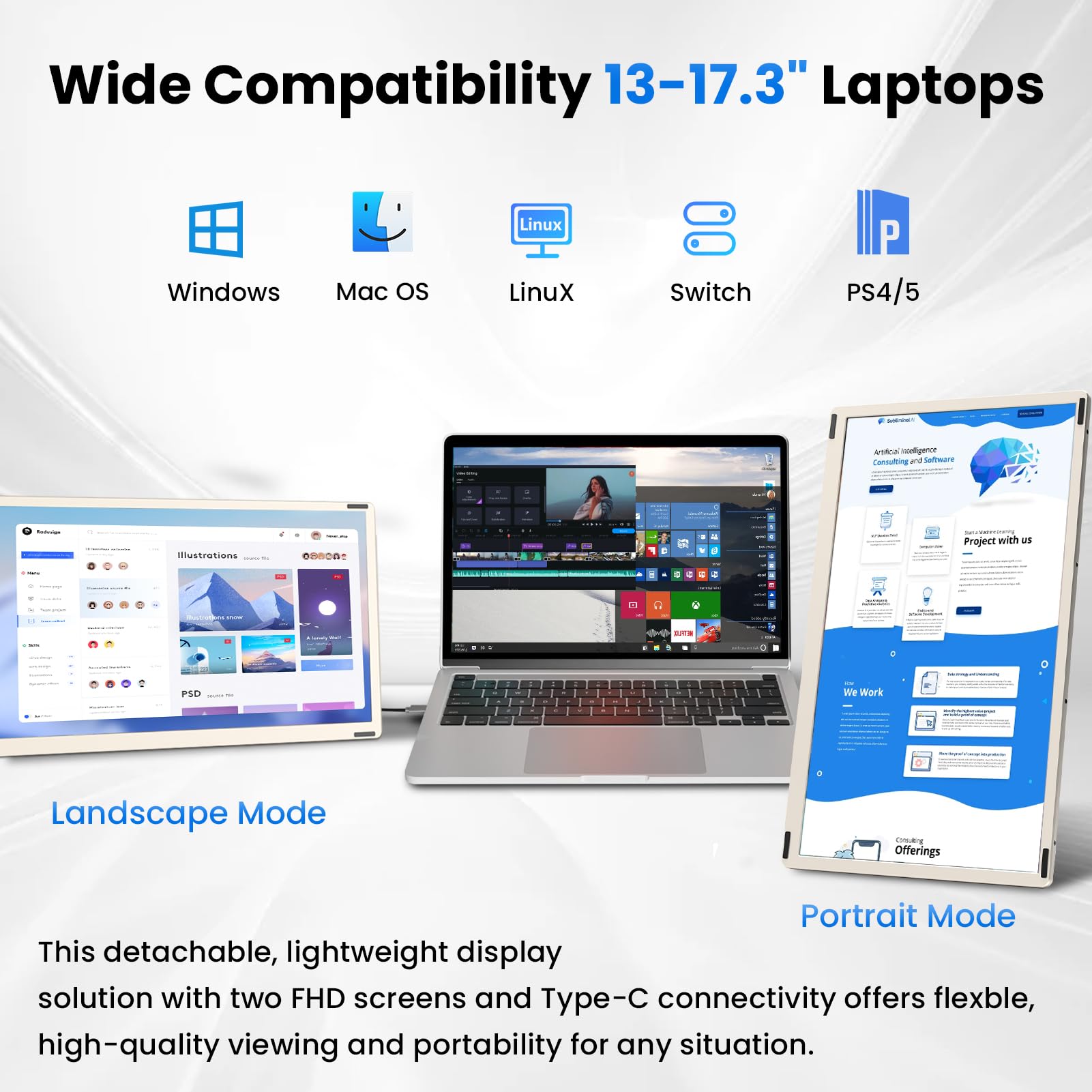 Extensión de pantalla de ordenador portátil, 15,6 pulgadas, FHD 1080P, triple monitor extender | Plug & Play, giratorio 235°, desmontable, apto para portátiles de 13 a 17,3 pulgadas, compatible con Win/MacOS/Chrome/Android