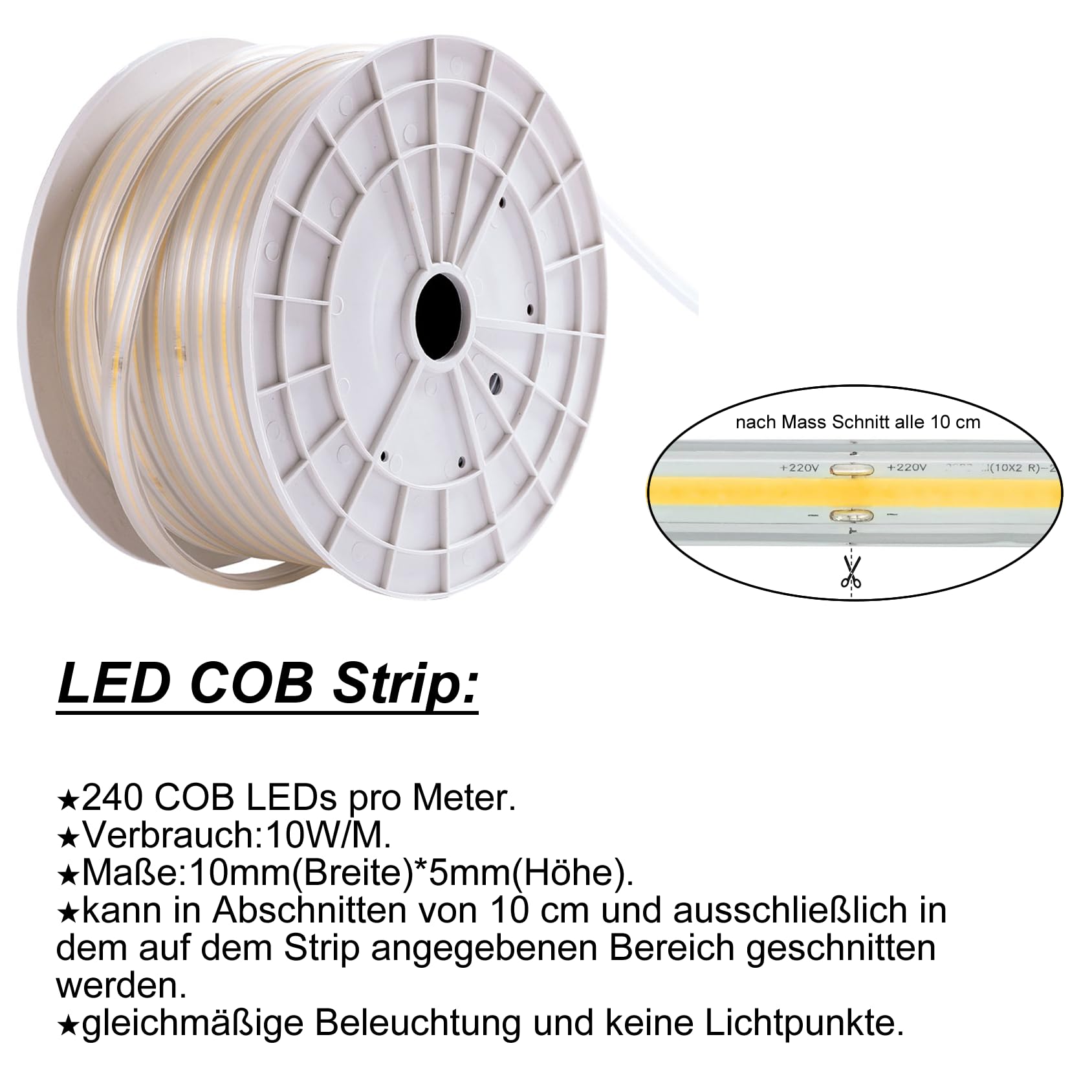 Taśma LED COB Strip (możliwość podziału wszystkich 10 cm) + przewód zasilający IP20 z wtyczką Euro. (neutralna biel, 240 LED/M, bez przełącznika, 10 metrów)