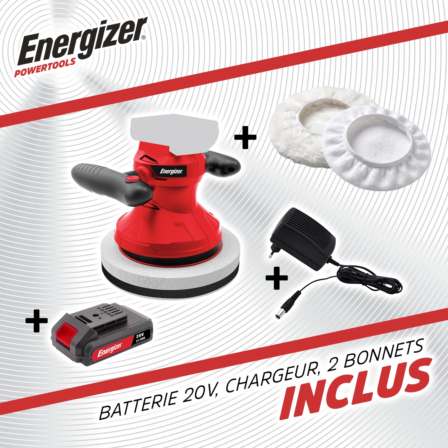 Energizer Lucidatrice per auto orbitale senza fili 20 V, 6 velocità 2000-6000 OPM, piatto 125 mm, lucidatrice per carrozzeria moto barca, batteria 2,0 Ah e caricabatterie inclusi, rosso