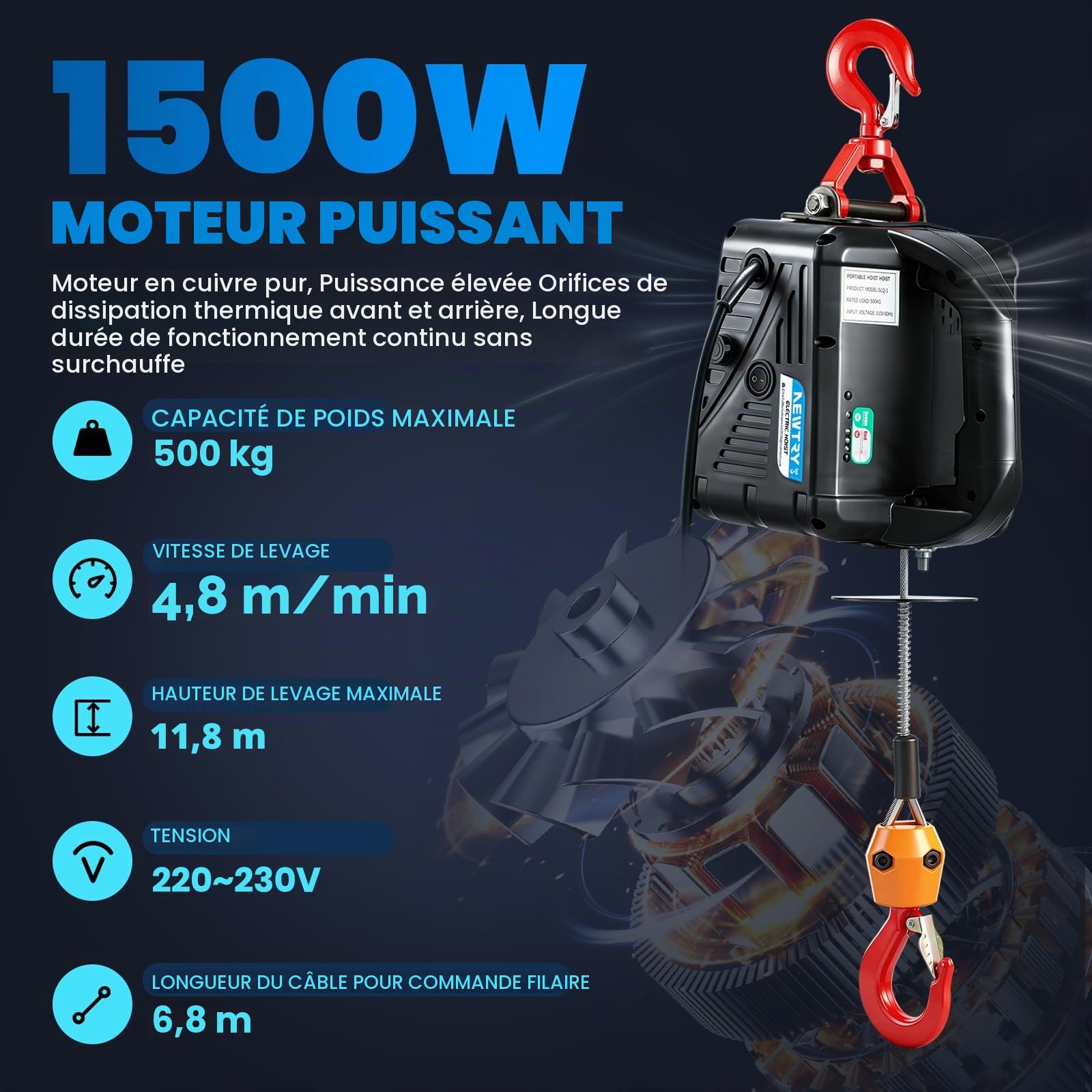NEWTRY Palan électrique 3-en-1 avec Télécommande sans Fil, télécommande à câble,1 500 W Treuil électrique Système De Protection Contre Les Surcharges, Charge Maximale de 300 kg