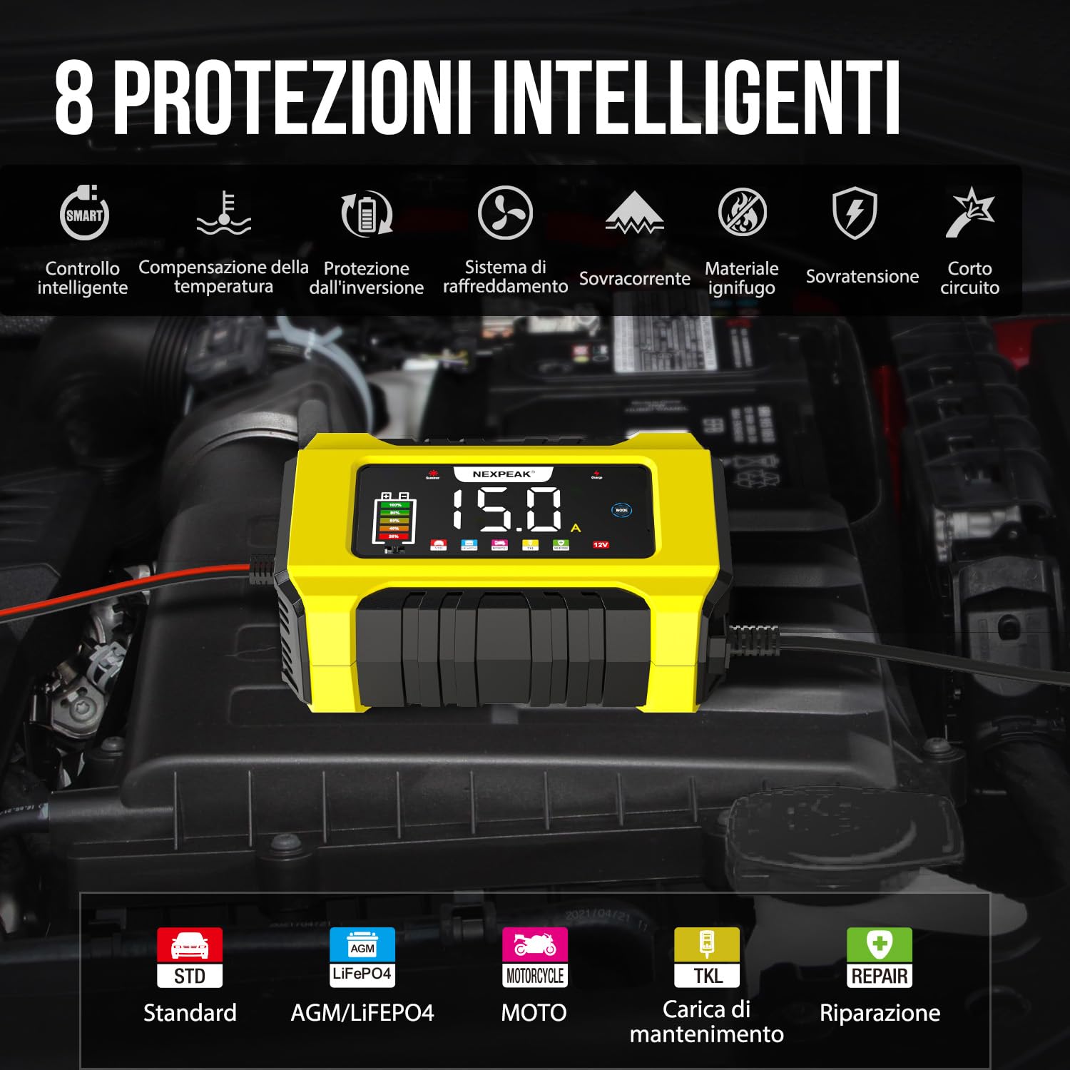 15A Caricabatterie per Auto, NEXPEAK 12V 15A/24V 8A Caricabatterie Intelligente con Compensazione Della Temperatura per Auto, AGM, Gel, Wet, SLA per Batterie Piombo-acido e LiFePO4