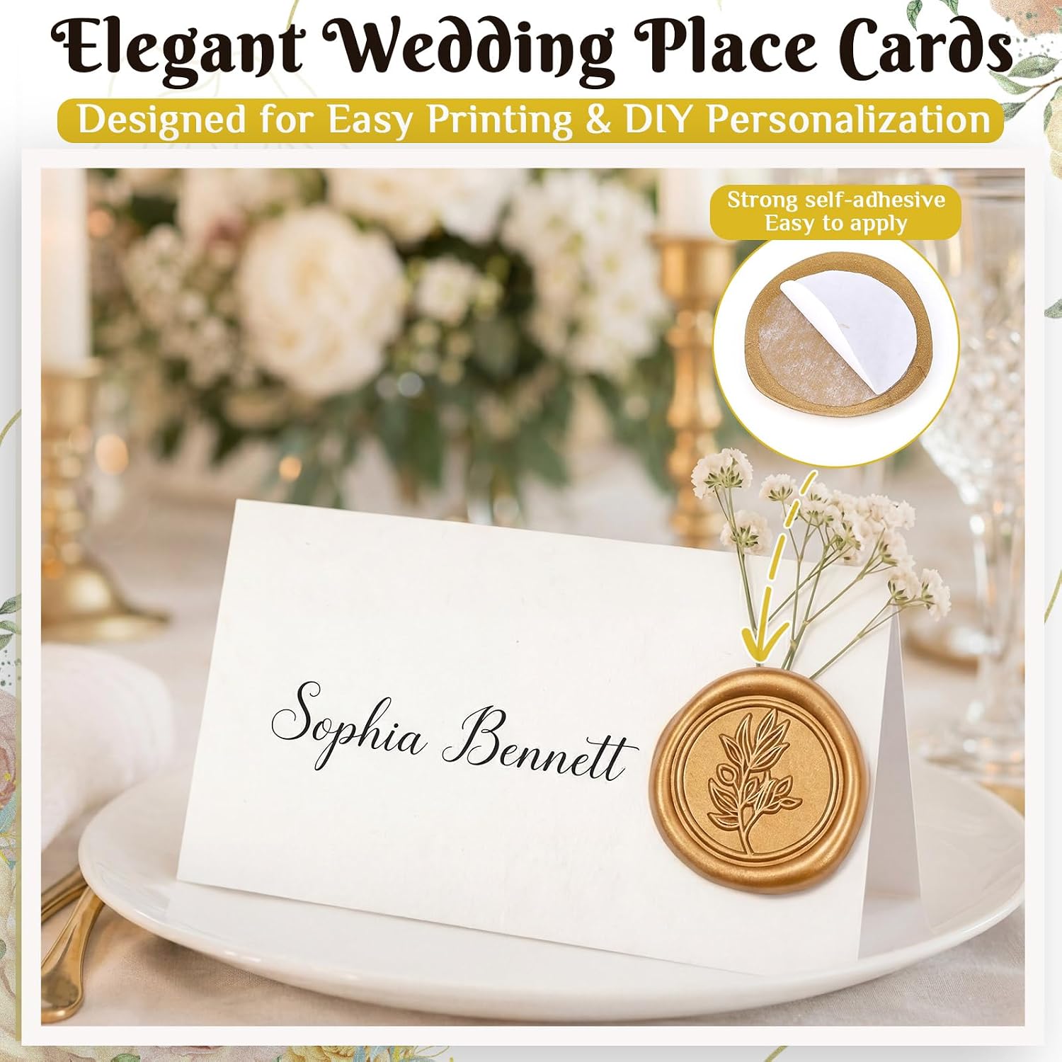 50 Place Cards Wax Seal,Gold Seal,Baby's Breath