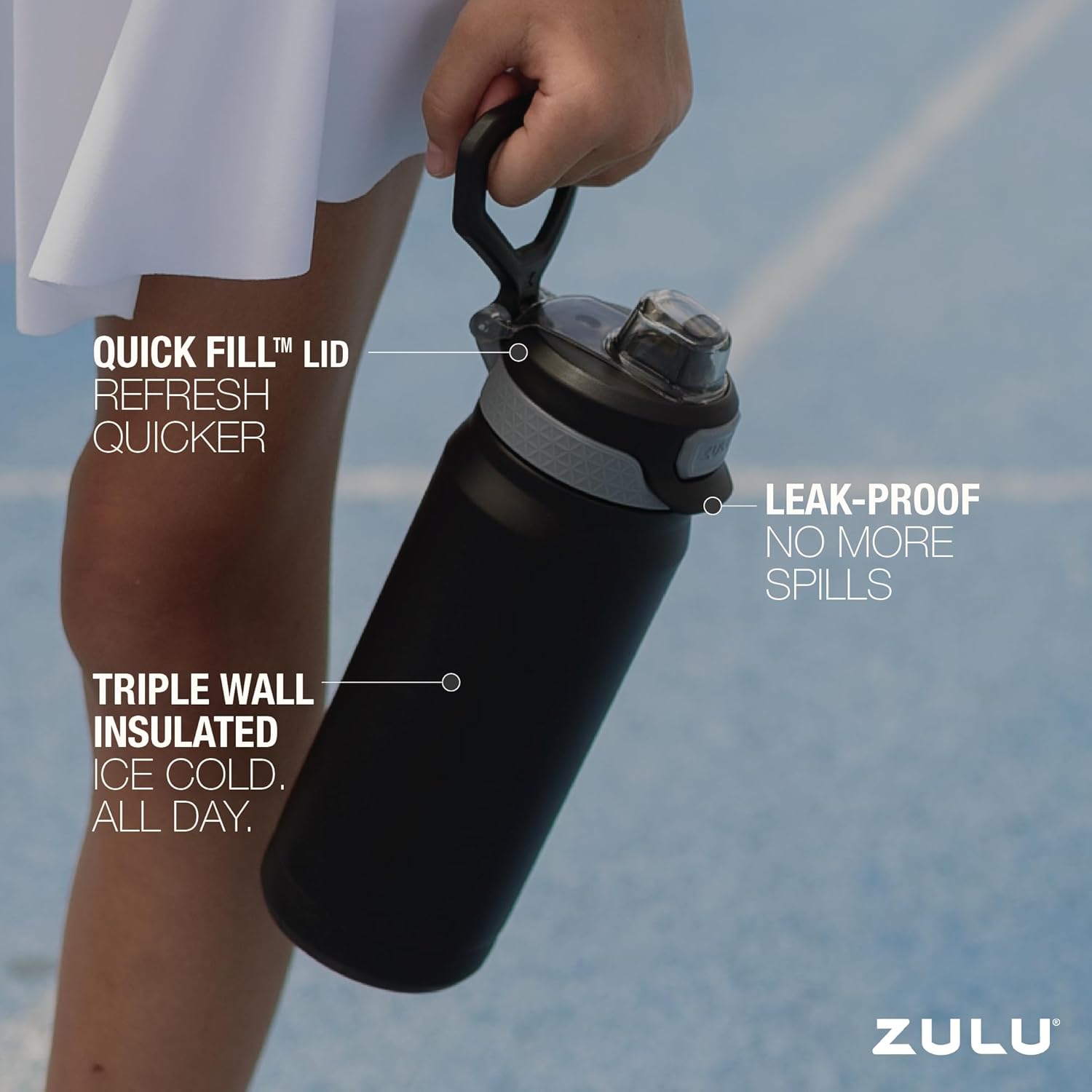 ZULU Powerfill Pro 18oz Kids Stainless Steel Water Bottle with Quick Fill Lid, Triple Wall Vacuum Insulated, Leak Proof Locking Lid, Sip & Chug, Reusable, BPA Free, Dishwasher Safe, Tonal Black - Image 3