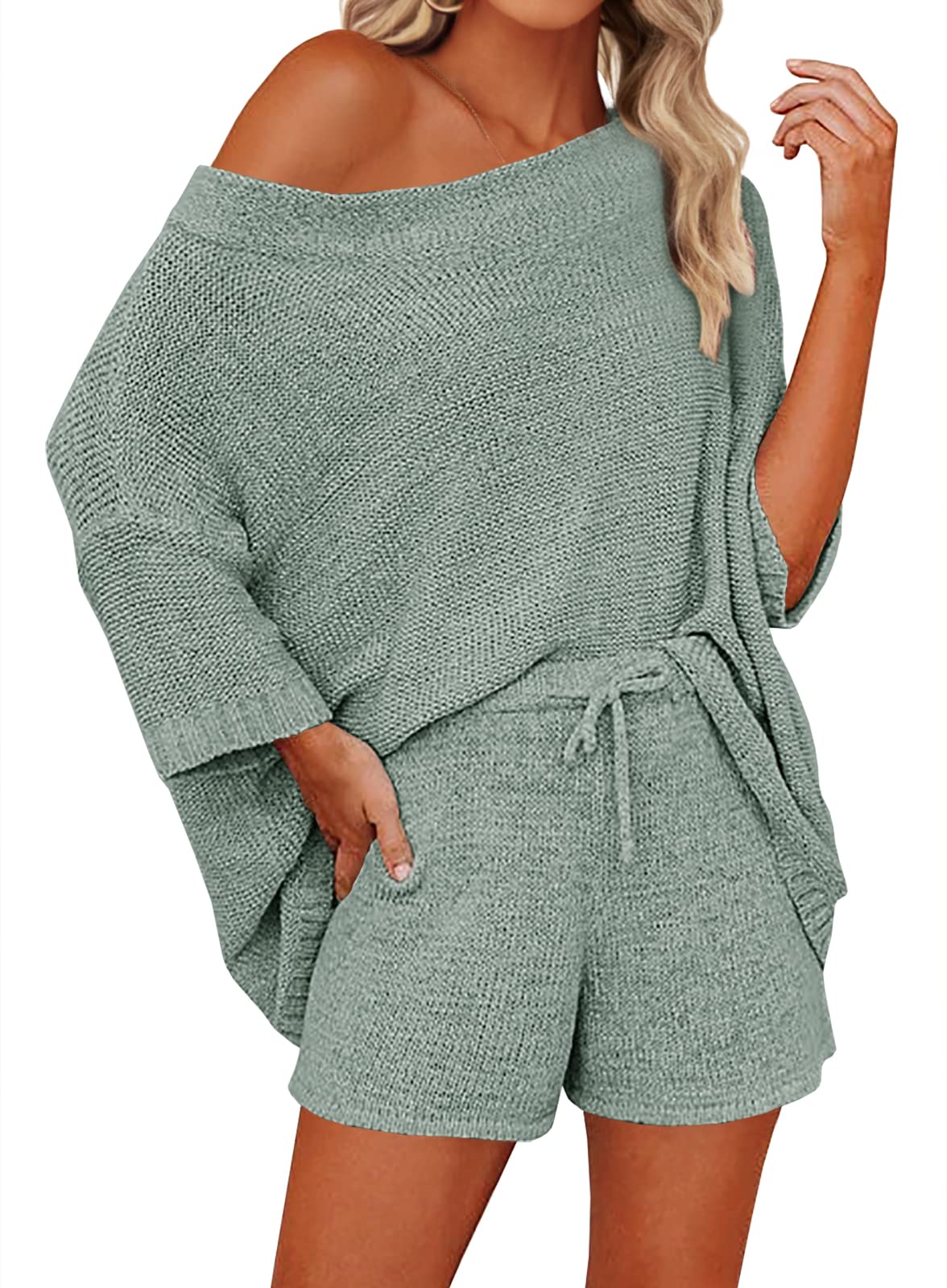 Mafulus Women's 2 Piece Outfits Sweater Sets Off Shoulder Knit Top Shorts Matching Suits Cute Pajama Lounge Set