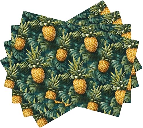 Dining Table Placemats Set of 4-12x18 Inch Green Tropical Pineapple Print Faux Linen Double Heat Resistant Place Mats, Kitchen Table Mats, Wipeable