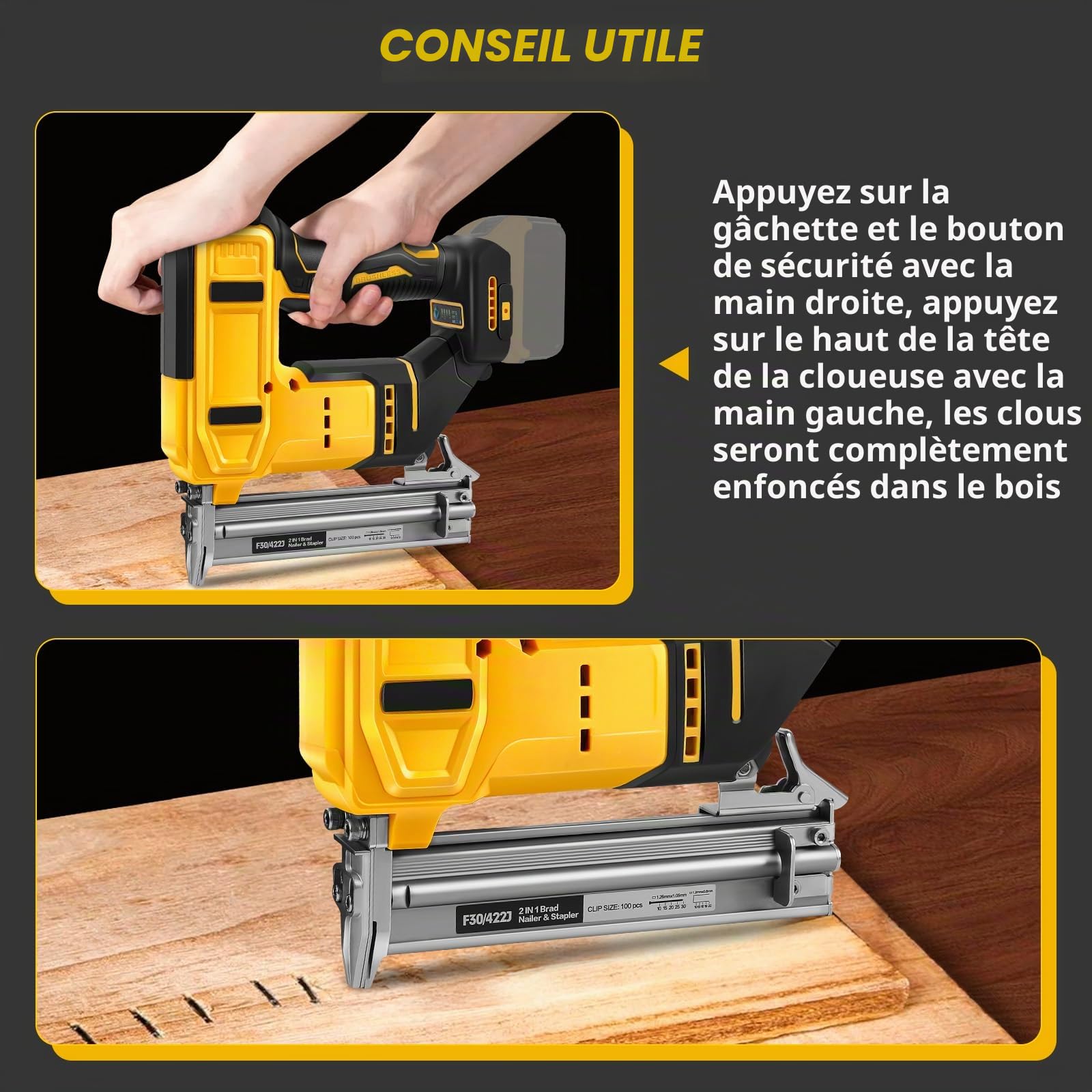 Cloueuse brad sans fil pour Dewalt 20V (sans batterie) | Agrafeuse électrique, 18GA, sans balais, 500 clous, 500 agrafes, 2 modes, pistolet à clouer sans fil, pour tissus, bois
