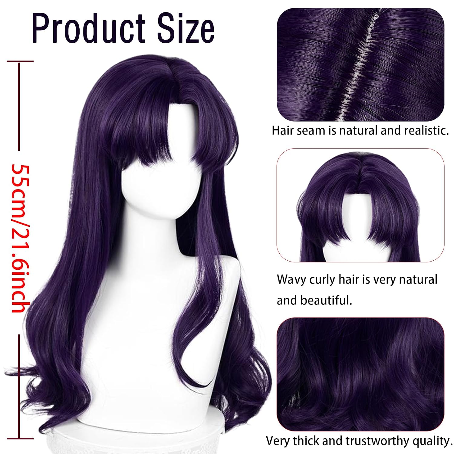 LABEAUTÉ Long Curly Deep Purple Cosplay Wig with Bangs Women Girls Anime Heat Resistant Synthetic Hair for Costume Theme Party and Halloween